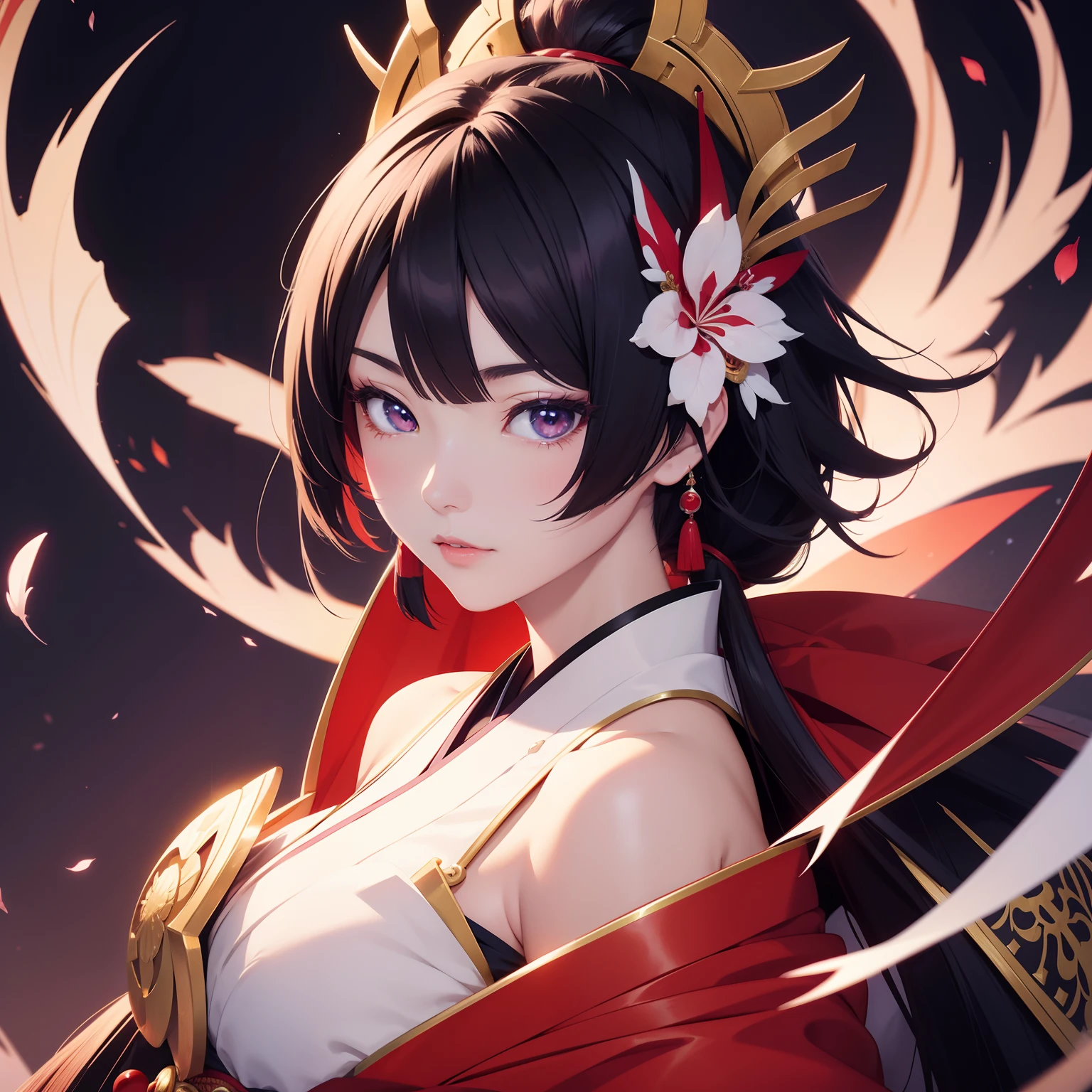 (Fantasy illustration:1.5), (alone:1.2), (japanese manga,8k,masterpiece, top quality, best quality,Beautiful and beautiful:1.2,Professional illustration:1.1,Super detailed:1.3,perfect lighting), Very detailed, most detailed, Extremely ridiculous, high resolution, Super detaileded, complicated:1.6, (girl), Very detailed beautiful face and eyes, beautiful hair, bob hair, blunt bangs, (black hair:1.4), (red ribbon behind hair:1.2), ( samurai general akatsuki&#39;s Nakoru Suit:1.2), Guess the skin, (Abstract:1.2), beautiful, Subei Subei, (short,medium chest), Sense of speed, Dagger Master,