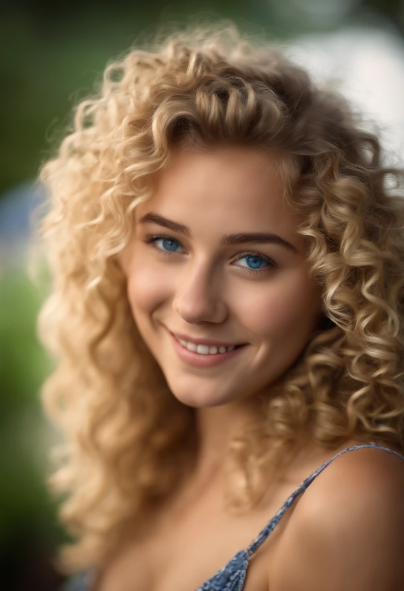 18 year old girl curly hair Blonde hair Blue eyes Blue smile matching with confidence Correct members,sexy pose