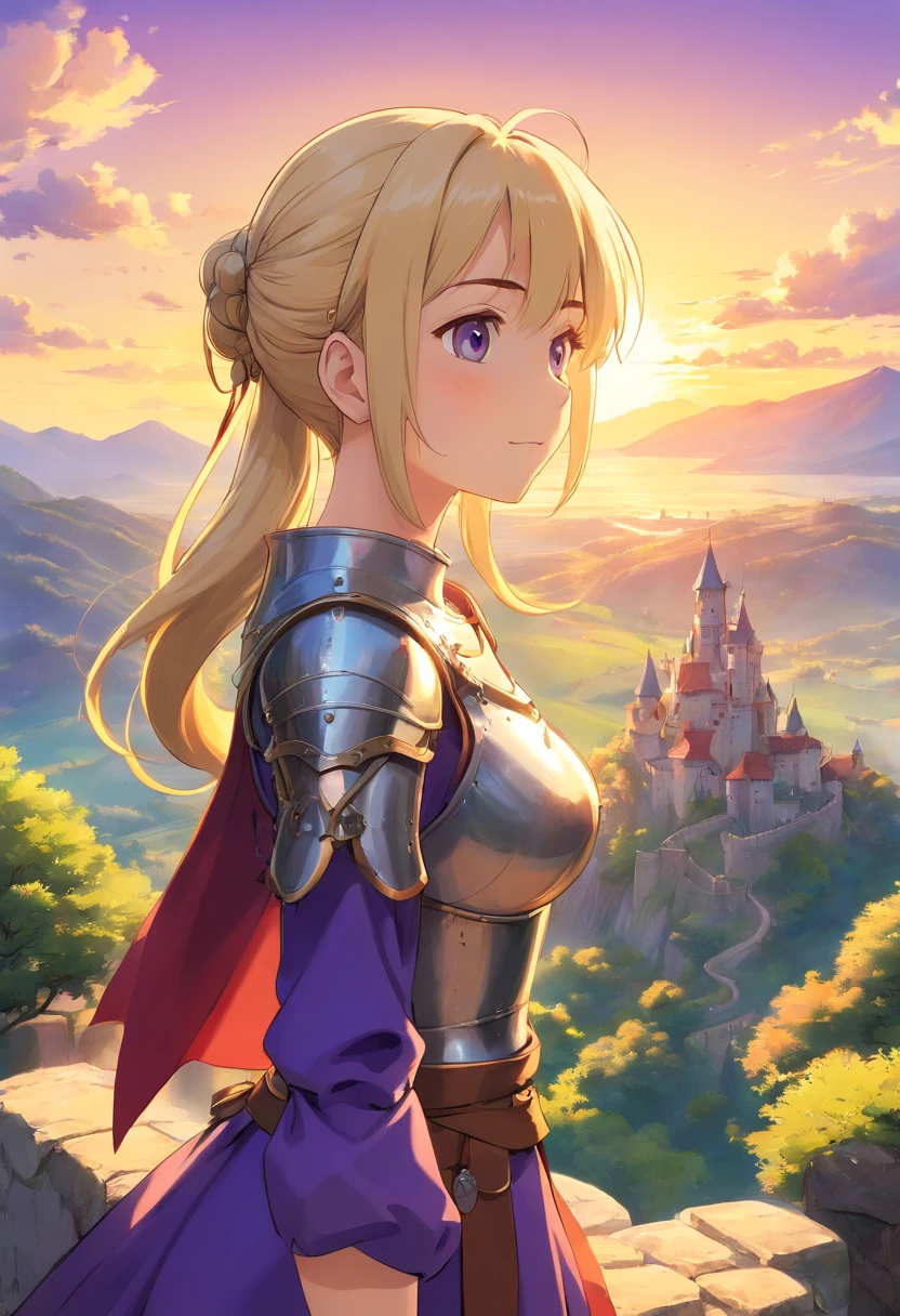 A beautiful woman, ((medieval clothe, medieval chest armor)), very big breast, very big ass, perfect figure, Tachibana Omina art style, top of the mountain, blond color hair, ponytail hairstyle, 1girl, masterpiece, extremly detailed, (beautiful detailed glow), lens flare, sunrise, clouds, backlighting, purple sky, yellow sky, gradient sky