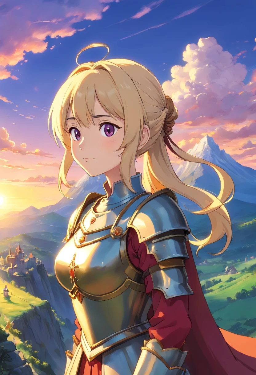 A beautiful woman, ((medieval clothe, medieval chest armor)), very big breast, very big ass, perfect figure, Tachibana Omina art style, top of the mountain, blond color hair, ponytail hairstyle, 1girl, masterpiece, extremly detailed, (beautiful detailed glow), lens flare, sunrise, clouds, backlighting, purple sky, yellow sky, gradient sky