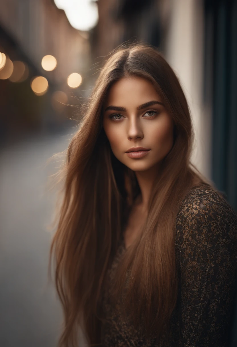 Natural photography of a girl, wearing a loose crop top, leaning over, long straight light brown hair, locks eyes into the camera, symmetrical eyes, symmetrical face, photorealistic, photography, path tracing, specular lighting, volumetric face light, path traced hair, visible shadows, intricate, elaborate, street art background