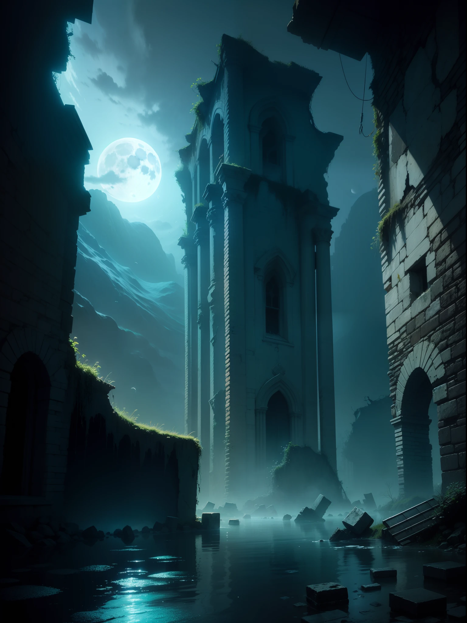 ruins underwater, moon shine