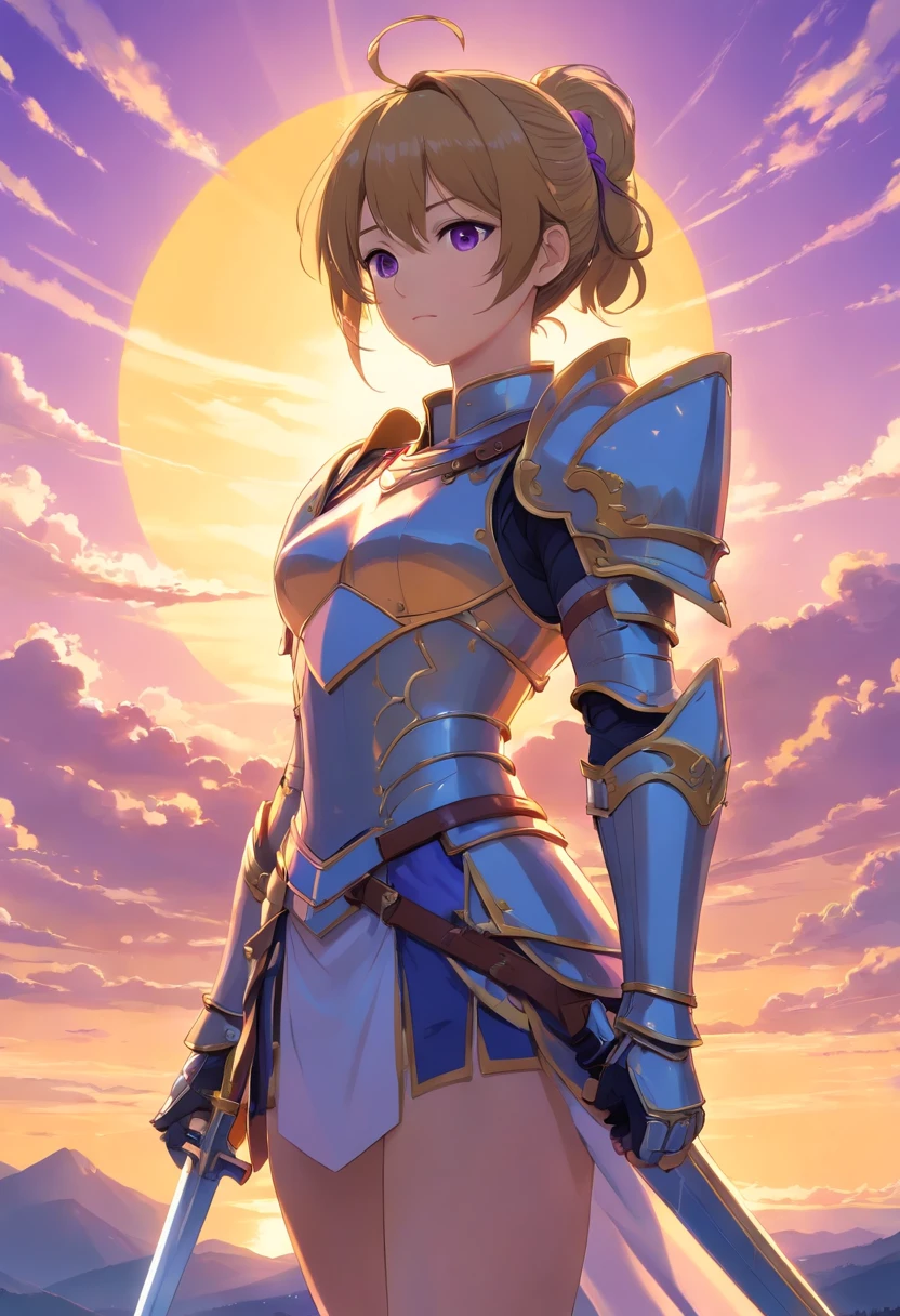 (realistic oil art, 43-year-old Empress, vibrant look, A beautiful woman, ((medieval clothe, medieval chest armor)), very big breast, very big ass, perfect face, perfect figure, Tachibana Omina art style, top of the mountain, black color eyes, ponytail hairstyle, 1girl, masterpiece, extremely detailed, (beautiful detailed glow), lens flare, sunrise, clouds, backlighting, purple sky, yellow sky, gradient sky, female knight, armor ornament, white details, deep blue color armor, golden color ornament, holding a weapon