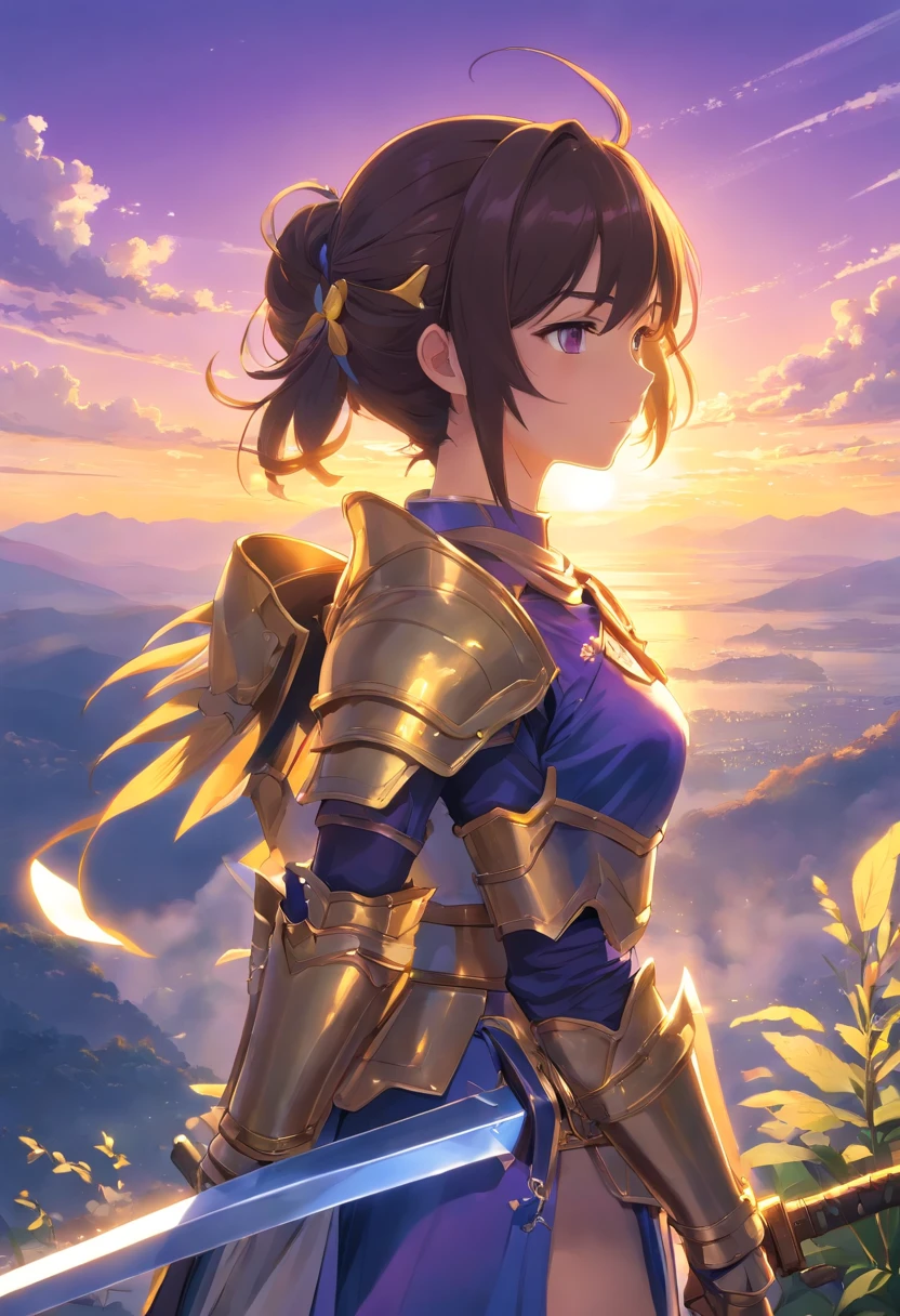 (realistic oil art, 43-year-old Empress, vibrant look, A beautiful woman, ((medieval clothe, medieval chest armor)), very big breast, very big ass, perfect face, perfect figure, Tachibana Omina art style, top of the mountain, black color eyes, ponytail hairstyle, 1girl, masterpiece, extremely detailed, (beautiful detailed glow), lens flare, sunrise, clouds, backlighting, purple sky, yellow sky, gradient sky, female knight, armor ornament, white details, deep blue color armor, golden color ornament, holding a weapon