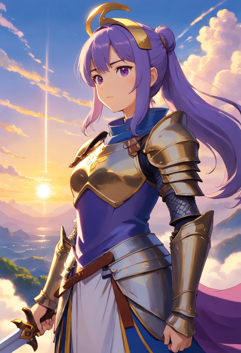 (realistic oil art, 43-year-old Empress, vibrant look, A beautiful woman, ((medieval clothe, medieval chest armor)), very big breast, very big ass, perfect face, perfect figure, Tachibana Omina art style, top of the mountain, black color eyes, ponytail hairstyle, 1girl, masterpiece, extremely detailed, (beautiful detailed glow), lens flare, sunrise, clouds, backlighting, purple sky, yellow sky, gradient sky, female knight, armor ornament, white details, deep blue color armor, golden color ornament, holding a weapon