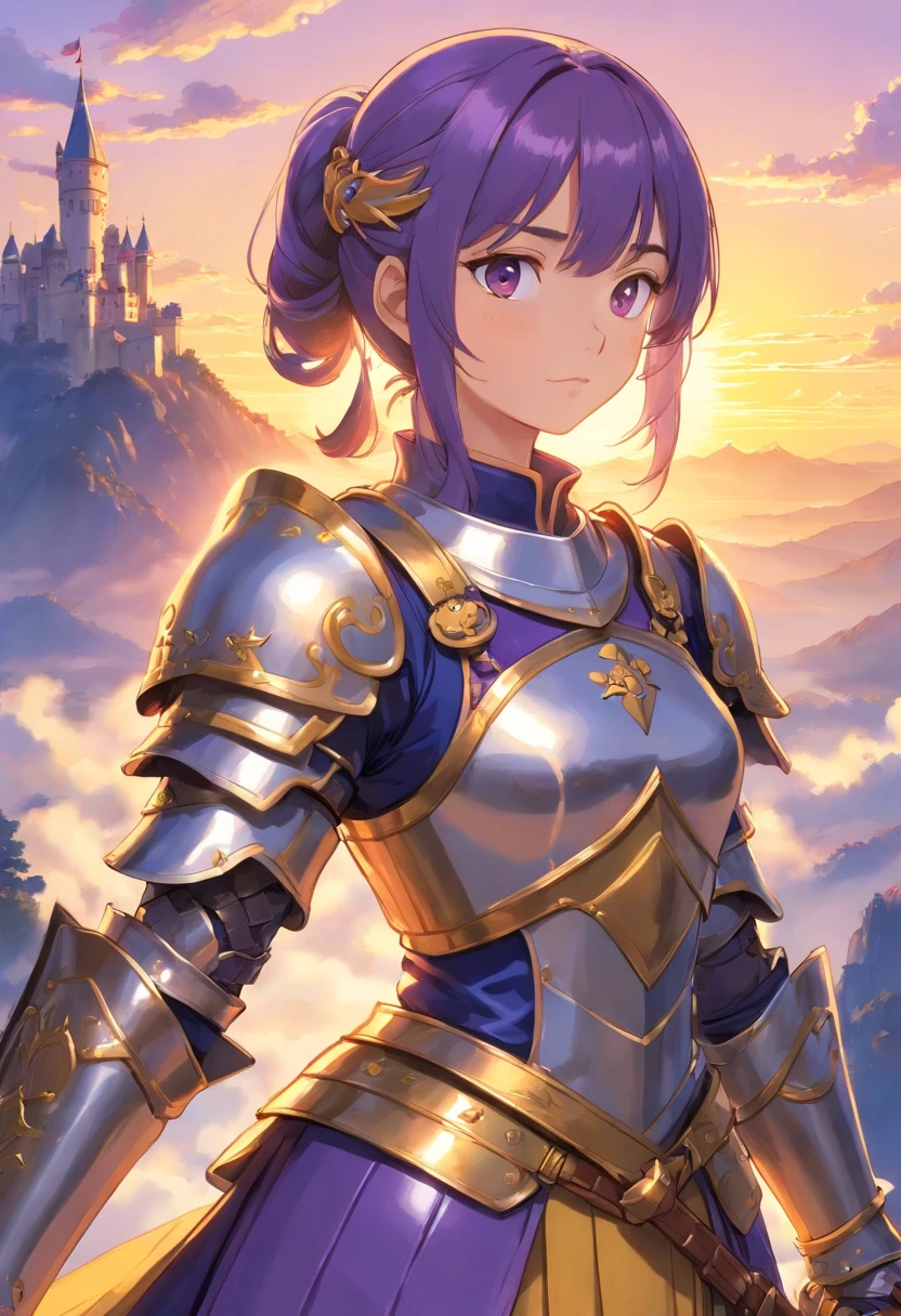 (realistic oil art, 43-year-old Empress, vibrant look, A beautiful woman, ((medieval clothe, medieval chest armor)), very big breast, very big ass, perfect face, perfect figure, Tachibana Omina art style, top of the mountain, black color eyes, ponytail hairstyle, 1girl, masterpiece, extremely detailed, (beautiful detailed glow), lens flare, sunrise, clouds, backlighting, purple sky, yellow sky, gradient sky, female knight, armor ornament, white details, deep blue color armor, golden color ornament, holding a weapon