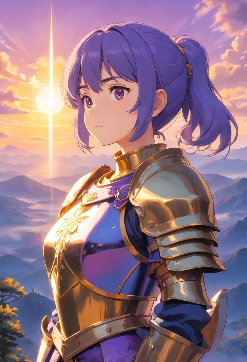 (realistic oil art, 43-year-old Empress, vibrant look, A beautiful woman, ((medieval clothe, medieval chest armor)), very big breast, very big ass, perfect face, perfect figure, Tachibana Omina art style, top of the mountain, black color eyes, ponytail hairstyle, 1girl, masterpiece, extremely detailed, (beautiful detailed glow), lens flare, sunrise, clouds, backlighting, purple sky, yellow sky, gradient sky, female knight, armor ornament, white details, deep blue color armor, golden color ornament, holding a weapon