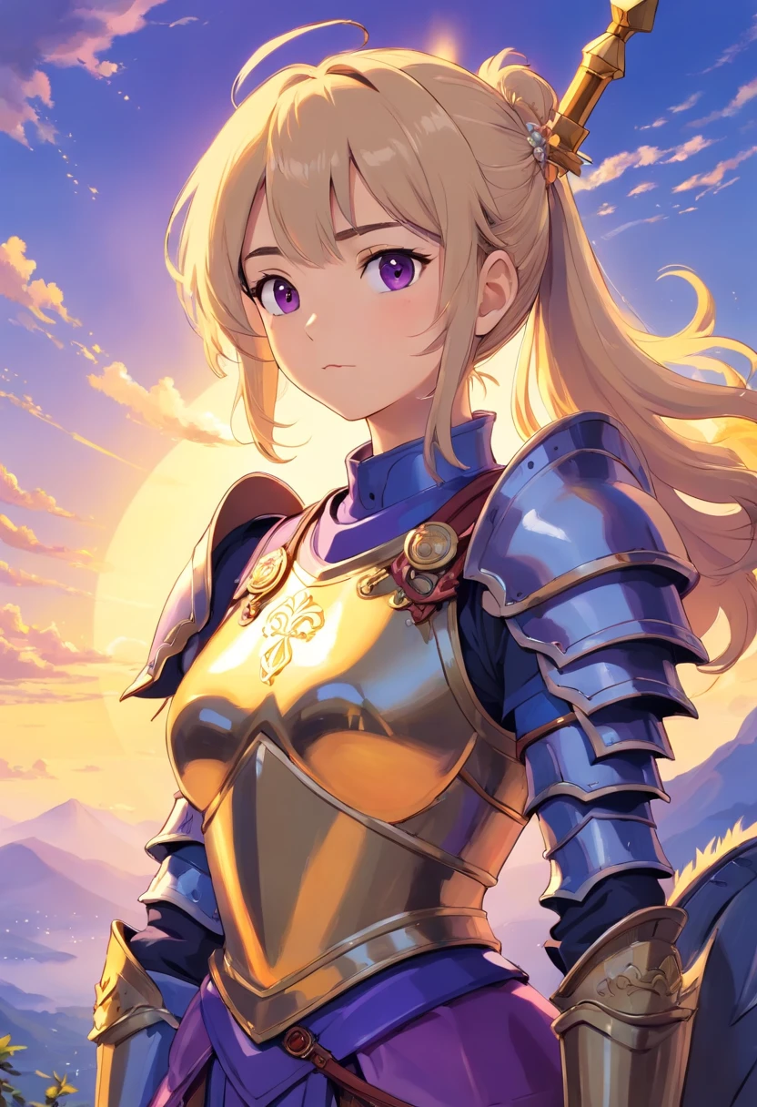 (realistic oil art, 43-year-old Empress, vibrant look, A beautiful woman, ((medieval clothe, medieval chest armor)), very big breast, very big ass, perfect face, perfect figure, Tachibana Omina art style, top of the mountain, black color eyes, ponytail hairstyle, 1girl, masterpiece, extremely detailed, (beautiful detailed glow), lens flare, sunrise, clouds, backlighting, purple sky, yellow sky, gradient sky, female knight, armor ornament, white details, deep blue color armor, golden color ornament, holding a weapon