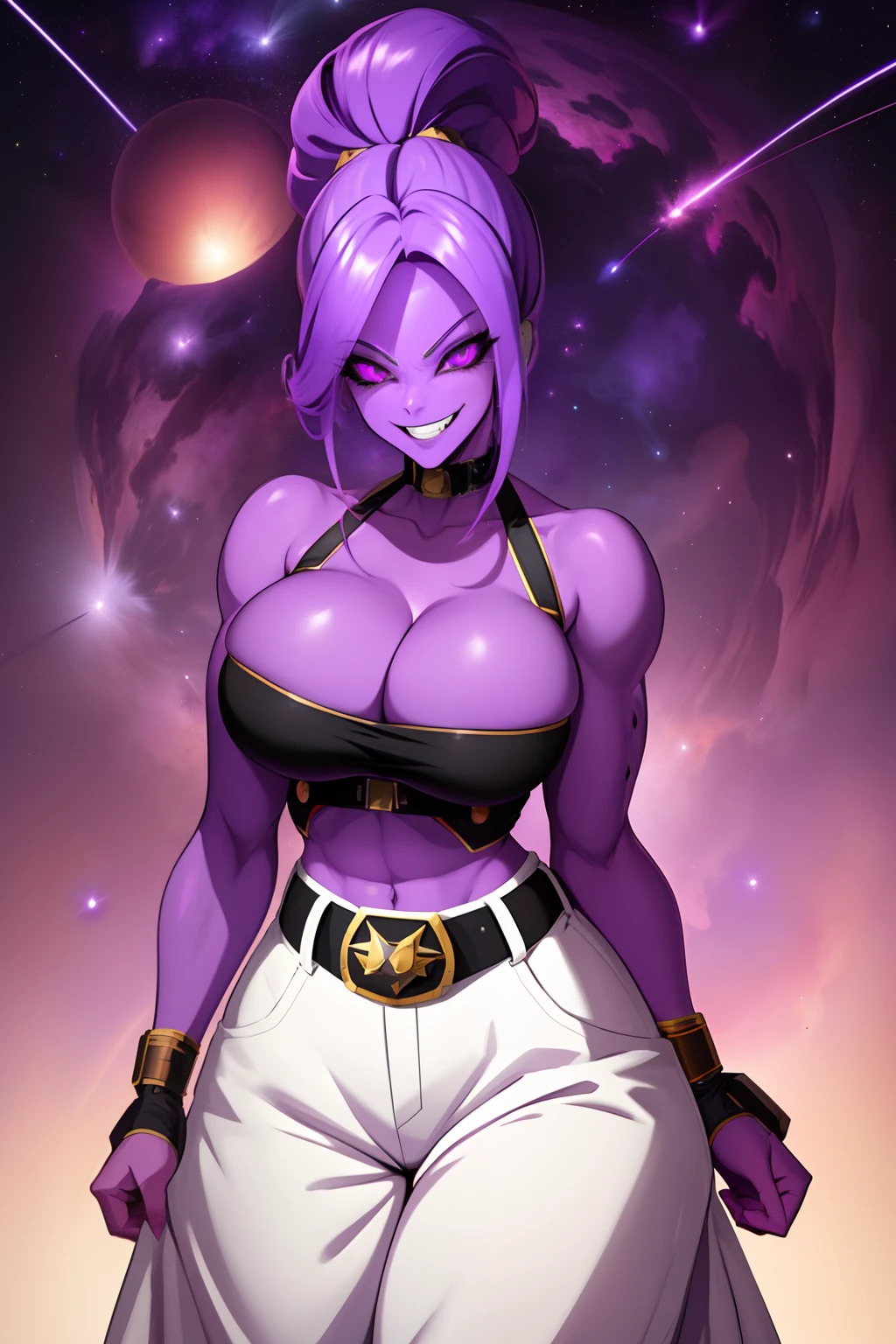 Fmajin, purple skin, solo, cowboy shot, solo, purple hair, smiling, black sclera, 
MajGear, white baggy pants, belt with the letter M, tube top, cleavage,   thick, 
 outerspace, stars, meteor, 
(insanely detailed, beautiful detailed face, masterpiece, best quality)