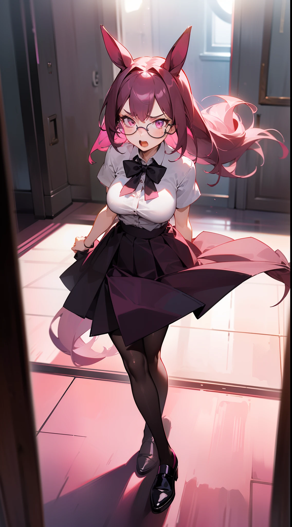 1girl,20s,solo,angry face,white school shirt,((black scholl skirt)),medium tits,((dark pink hair)),long hair,pink eyes,horse ears,horse tail,holding paper,leaning forward,open mouth,glasses,pantyhose,(((standing in front of a room in night)))