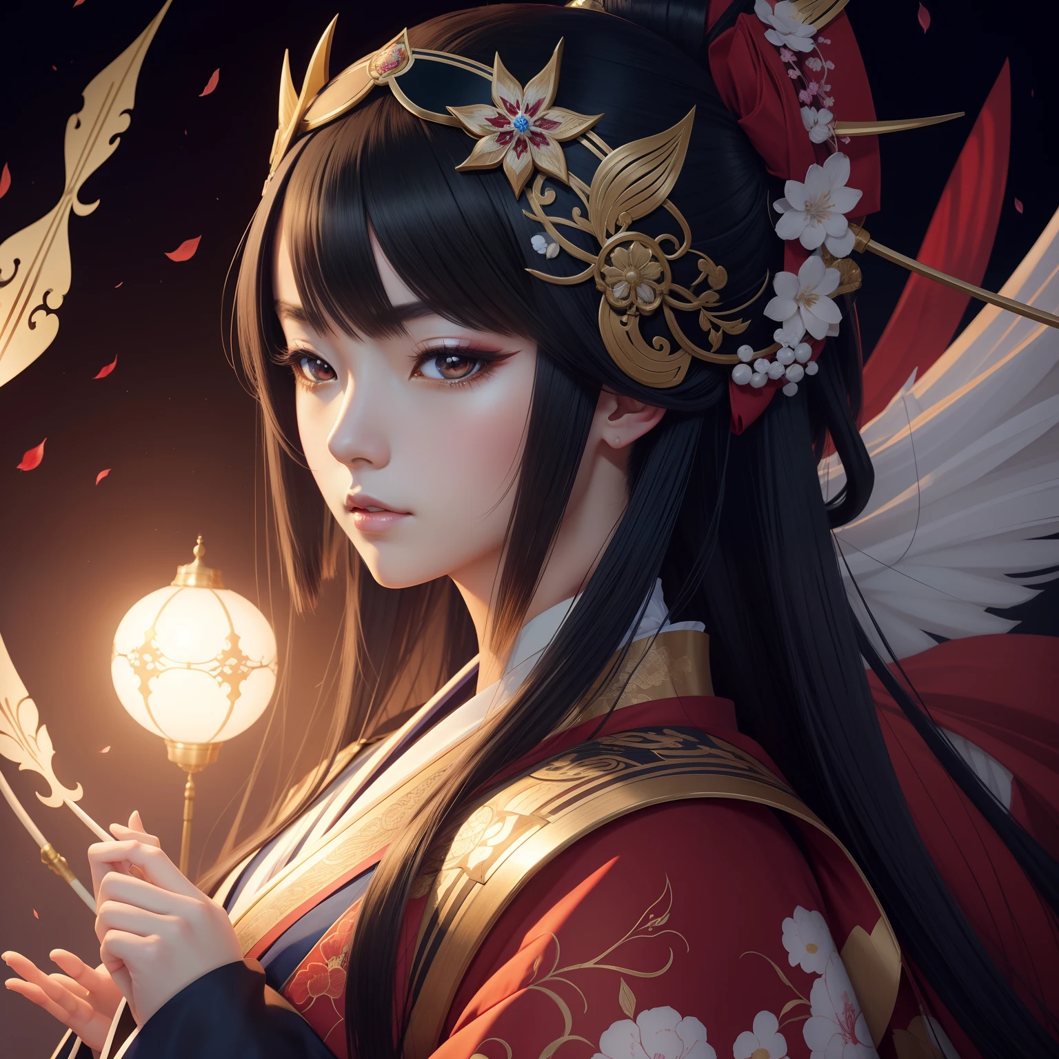 super high image, super detail, super high resolution, Japanese style painting, female perfect beautiful Onmyoji, background brilliant royal palace, anime, manga, illustration, portrait, animification, professional lighting