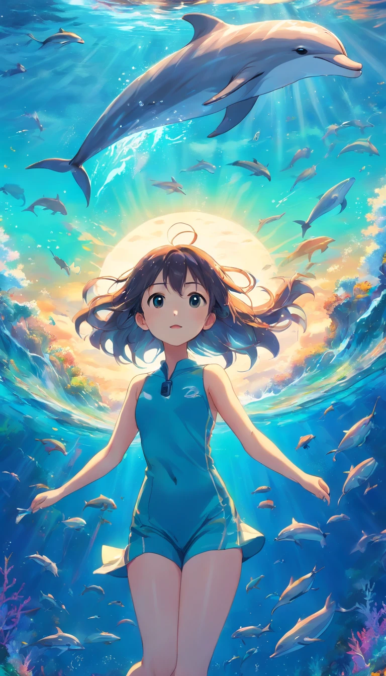 Painting of dolphins swimming in colorful ocean, Look up at the composition, Jellyfish and whales, Inspired by Cyril Rolando, A beautiful artwork illustration, author:Shitao, colorful concept art, Makoto Shinkai Cyrillo Rolando, In the style of Cyril Rolando, whale, Highly detailed watercolor 8K, highly detailed water colour 8 k,octane,the end,Realistic,8K,in style of hayao miyazaki( reasonable design, 清晰的线条, High- sharpness,Best quality, Very detailed, Master parts, movie light effect, 4K ),A boy and a girl swim at the bottom of the sea,dream magical,The fish,