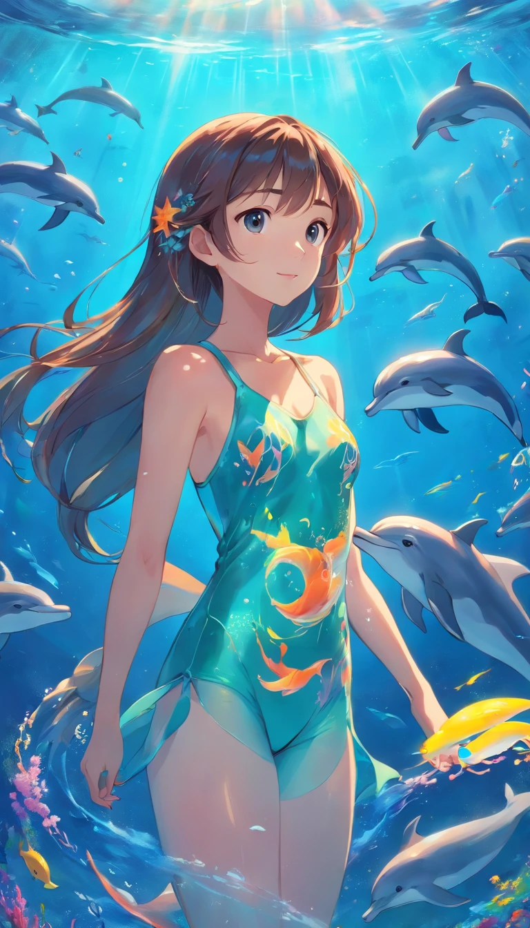 Painting of dolphins swimming in colorful ocean, Look up at the composition, Jellyfish and whales, Inspired by Cyril Rolando, A beautiful artwork illustration, author：Shitao, colorful concept art, Makoto Shinkai Cyrillo Rolando, In the style of Cyril Rolando, whale, Highly detailed watercolor 8K, highly detailed water colour 8 k，octane，the end，Realistic，8K，in style of hayao miyazaki( reasonable design, 清晰的线条, High- sharpness,Best quality, Very detailed, Master parts, movie light effect, 4K )，A boy and a girl swim at the bottom of the sea，dream magical，The fish，