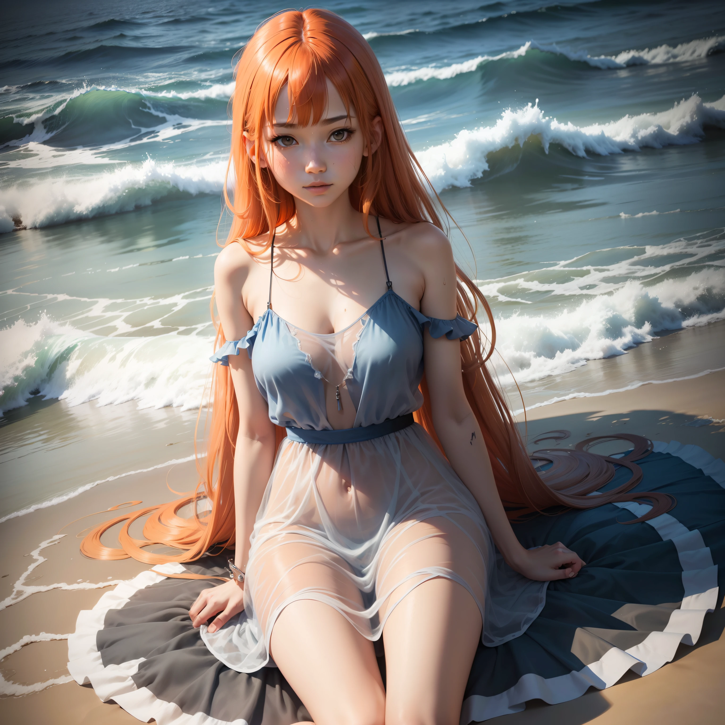 (masutepiece, Best Quality), ((1girl in, Solo, Long hair)), Ishmael_limbus, Innocent expression, Bare arms, Bare shoulders, barechested, watercolor paiting, sundress, liquid clothes, Water, vague, Water Dress, Blue_theme, Night, myst, Dark, Sharp Focus, On the beach, See-through dress, Orange hair