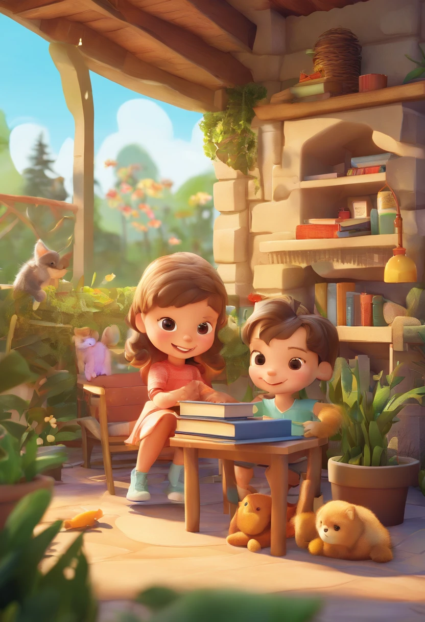 There are two children playing with a cat in the backyard, illustration of children's books, illustration of children's books, illustration for children's book, illustration of children's book, illustration of children's book, illustration of children's books, cute storybook illustration, illustration for children, story book illustration, Children's illustration, storybook illustration, colorful kids book illustration, a storybook illustration, childrens illustration