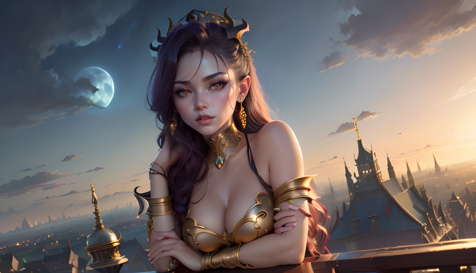 ((Need)), ((tmasterpiece)), (A detailed), Enchanting succubus, Sexy beauty, Perched in clouds, (fantasy illustrations:1.3), Seductive gaze, Charming seductive pose, tight top, wearing golden armour,otherworldly charm, Mysterious Sky, Strange fire clouds,the setting sun,moon full,Seductive pose,Chibi Ancient City,Large portrait building,Head facing right。