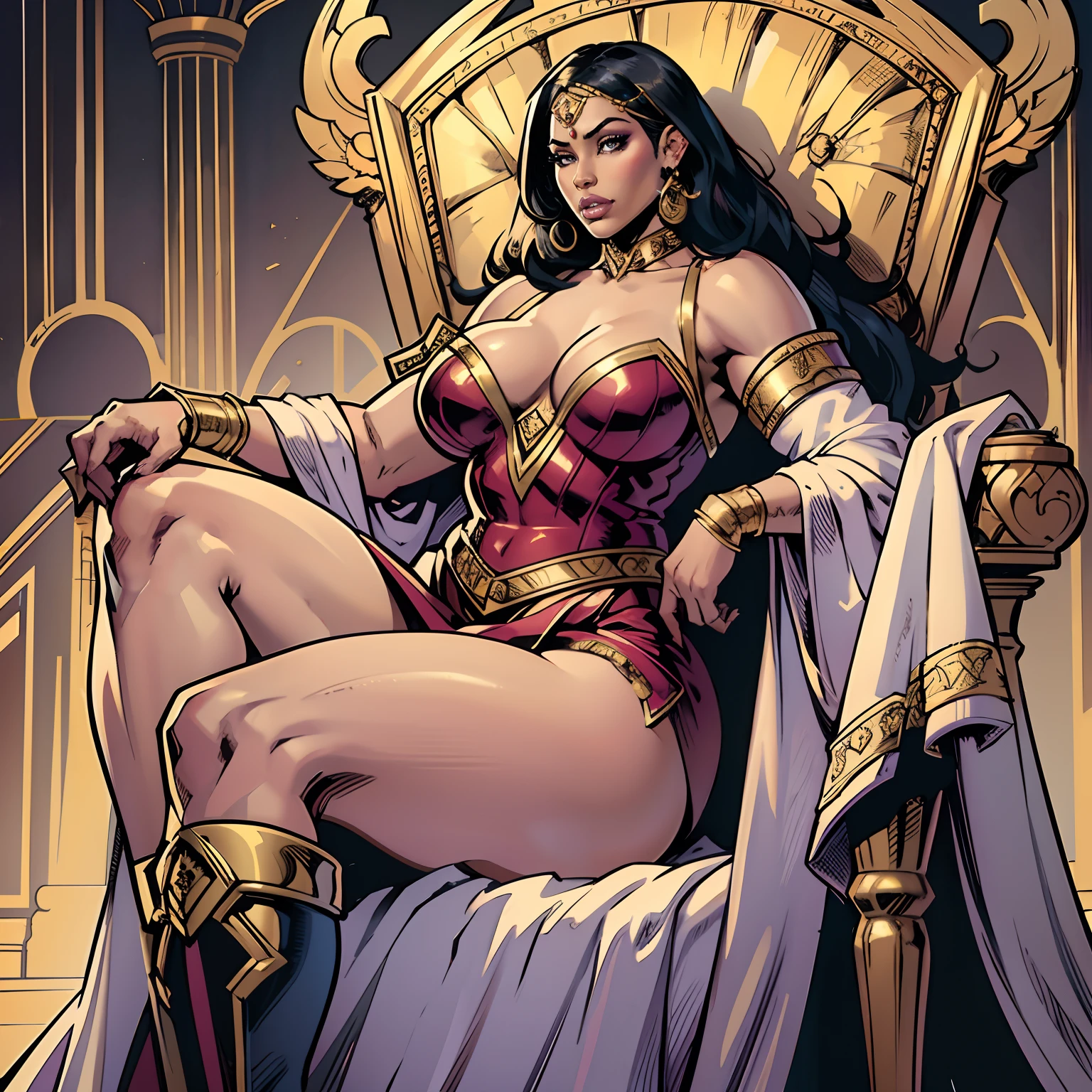 jim lee
(nicki minaj), 1girl, brown skin, ((chubby physique)), royal attire, flowing robe, skirt with a slit on the sides, shoulder guard, accessories, gantlets, boots, circlet, direct look, legs crossed, muscular, ((solo)), throne,
((masterpiece))