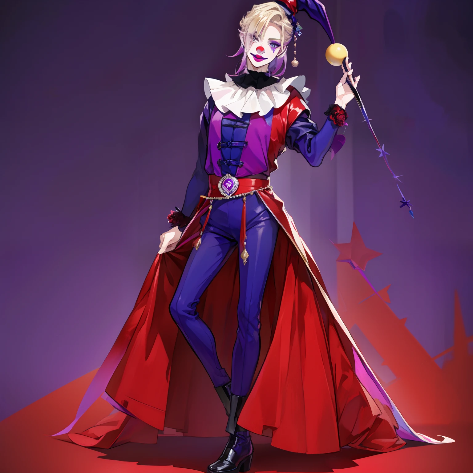 Vil Schoenheit as a clown, Full body, 1 boy, solo , high quality, masterpiece, high Aesthetic , Blonde hair with Violet hair streaks,(( Indigo and Red Clothes))