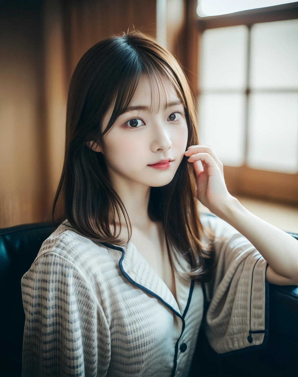 Wearing sexy pajamas, Graceful figure, Coquettish, Study room, sofa, Random captivating moves, simple pose, Facing the camera, Imaginative, First love、Japan Person Model、Young Sensual Gravure Idol、Young cute gravure idol、Realistic Young Gravure Idol、Realistic sensual gravure idol、Young gravure idols、sophisticated gravure idol、奈良美智、Young skinny gravure idol、beautifull asian girl ever、Pretty women、(dark brown hair)、hyperdetailed face、A detailed eye、二重まぶた、blured background、(4K、RAW Photos、top-quality、masters:1.2)、(reallistic、Photorealsitic:1.37)、cute little