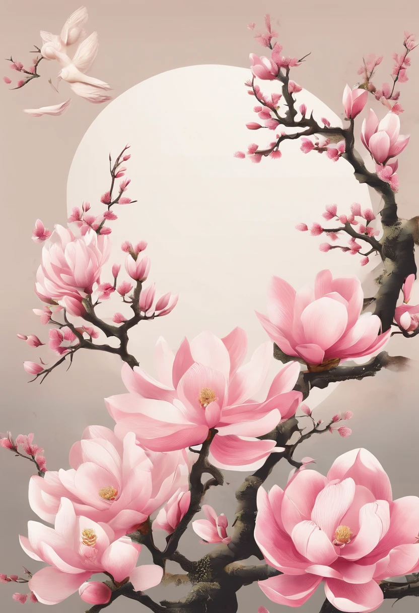 equinox,Traditional Chinese solar terms,(((Magnolia flowers))),National style,Ink wind,solid color backdrop,has cleavage((golondrinas))Fly in the sky,Landscape view,Don't be characterized,Don't be characterized,Don't build