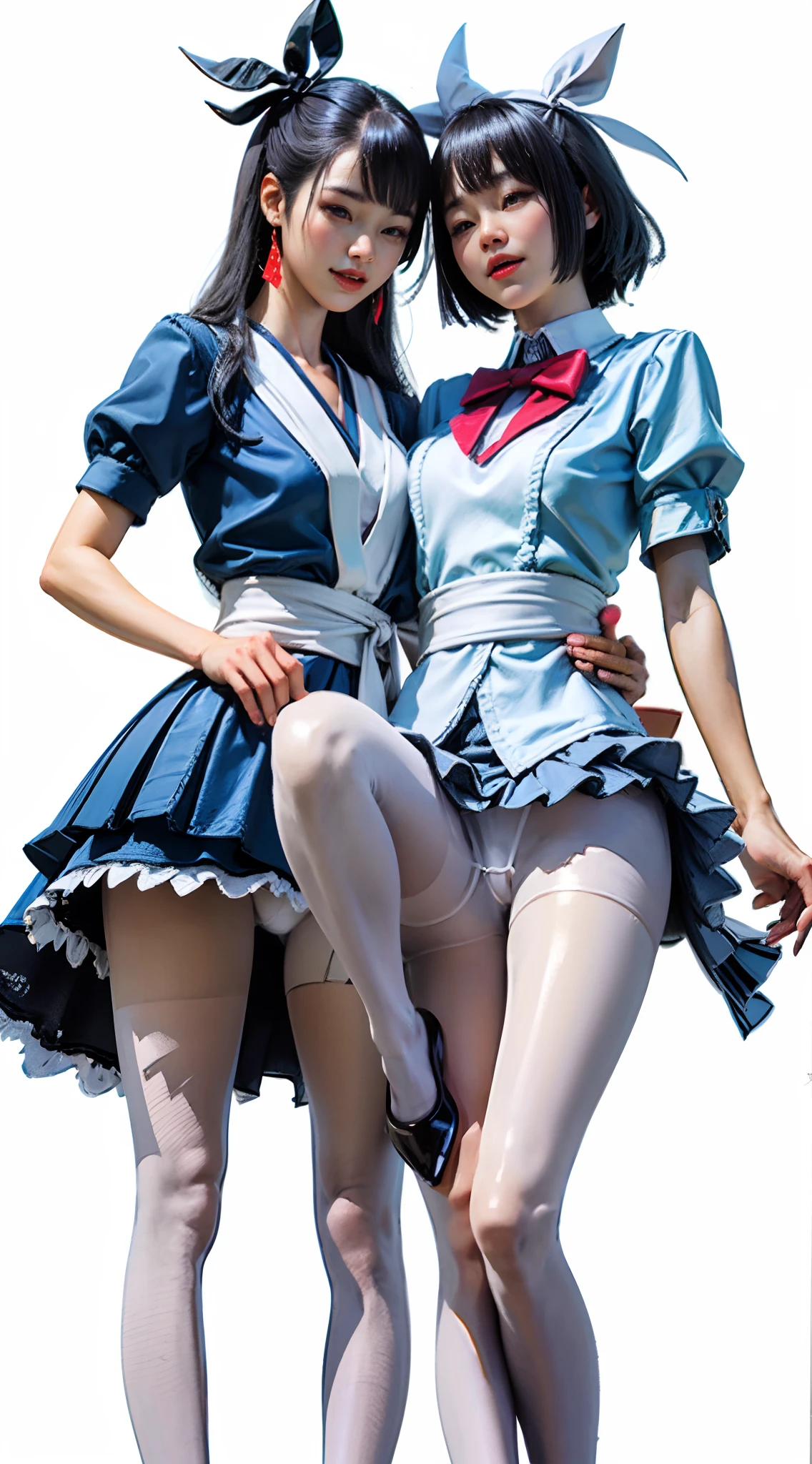 Two women crouching、Spread your legs apart、Stand next to each other, Ultra mini skirt、Panties are visible、Squat facing the front、M word、Opening legs、Open legs,Beautiful panties、Beautiful camel toe、White panty、Mei Nagano and Mikako Tabe, Yui Arakaki and Kasumi Arimura, Wearing tight simple clothes, two japanese girls posing, Two girls, twins, symmetric!!, wearing white skirt, Very beautiful long slim legs, tight outfit, Short skirt, wearing heels and white dress, skin tight dress