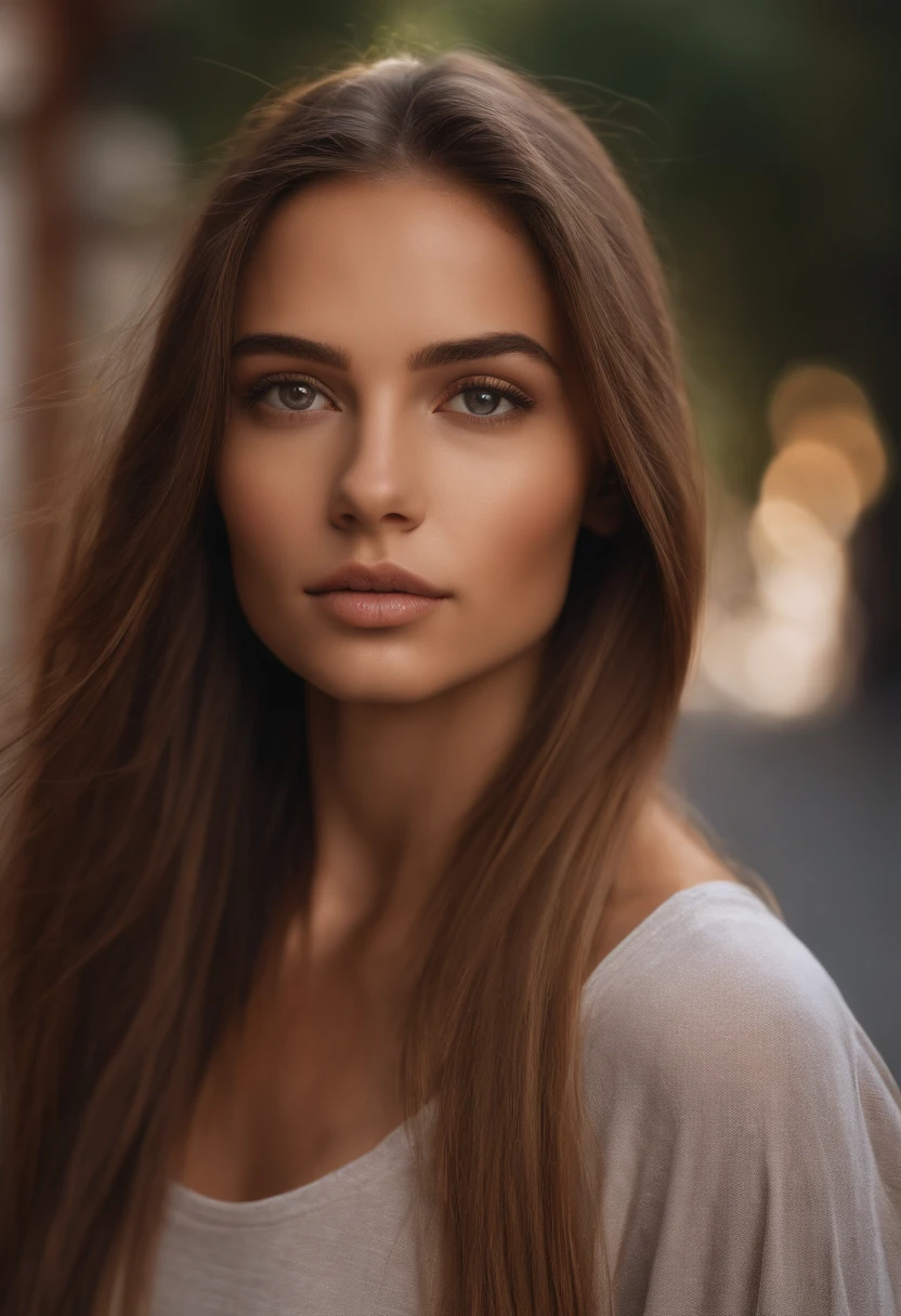Natural photography of a girl, wearing a loose crop top, leaning over, long straight light brown hair, locks eyes into the camera, symmetrical eyes, symmetrical face, photorealistic, photography, path tracing, specular lighting, volumetric face light, path traced hair, visible shadows, intricate, elaborate, street art background