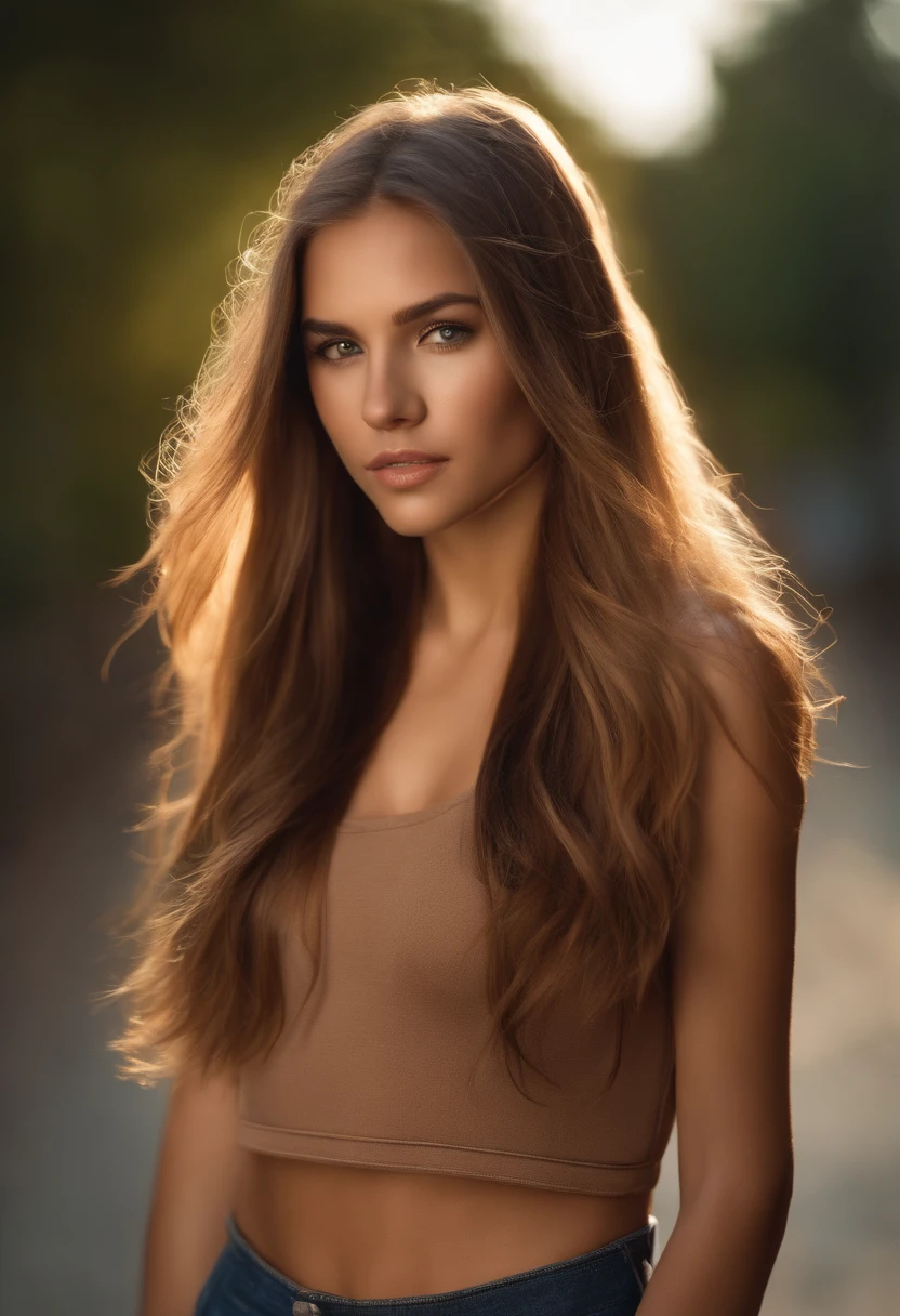 Natural photography of a girl, wearing a loose crop top, leaning over, long straight light brown hair, locks eyes into the camera, symmetrical eyes, symmetrical face, photorealistic, photography, path tracing, specular lighting, volumetric face light, path traced hair, visible shadows, intricate, elaborate, street art background