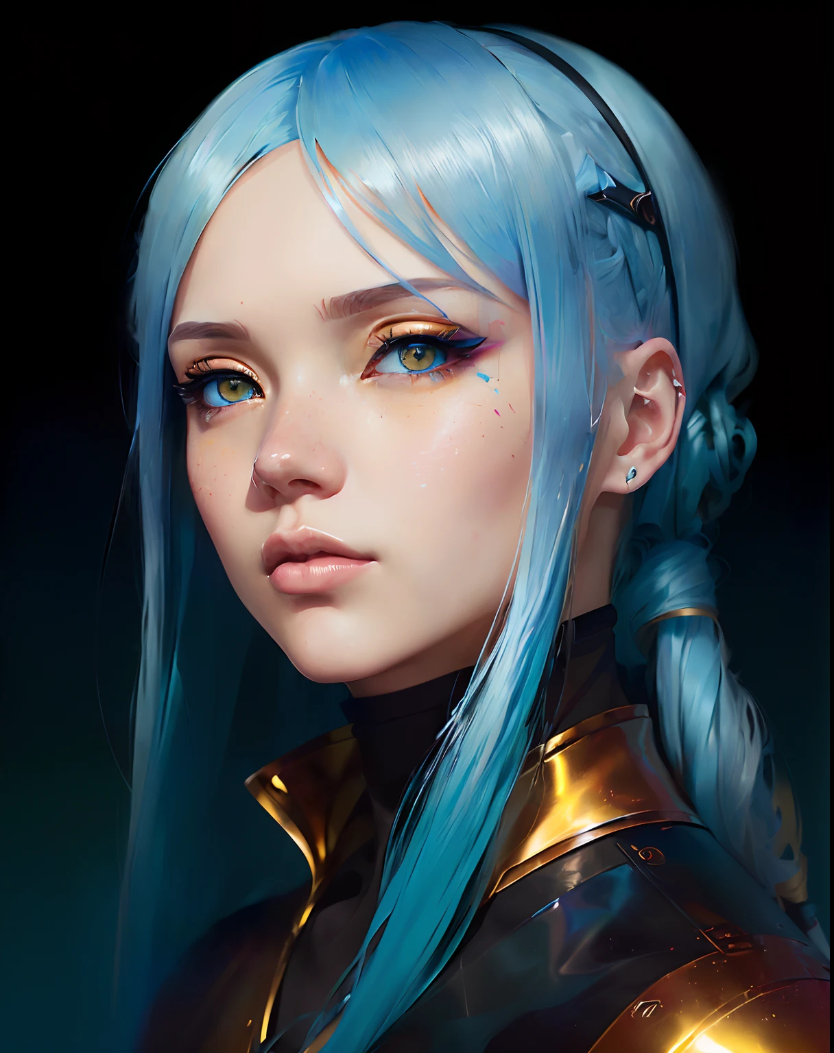 Ilya Kuvshinov with long sky blue hair, golden eyes, amber eyes, professional digital painting, wild brushstrokes, concept art, award-winning photography, cinematic, wlop, color block, pop, hip, Andy Warhol art, pixiv art, yoshitaka amano