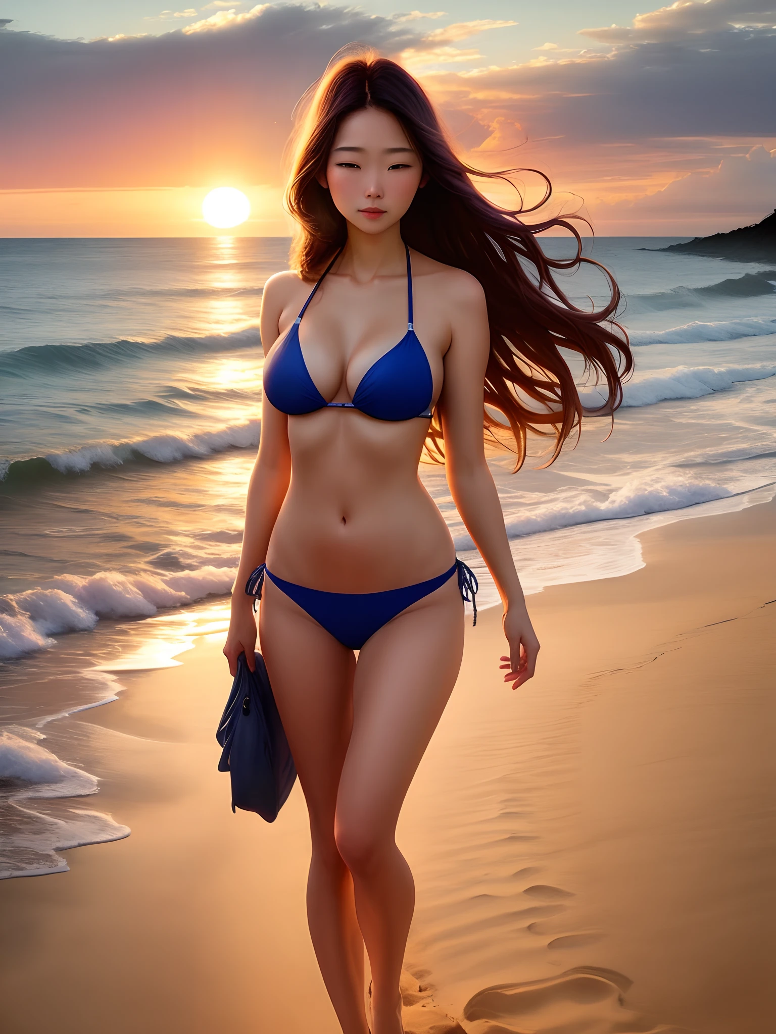 Slightly undulating coast、sand beach、Sunset、Realisticity、Woman in bikini with long hair、silhuette、realistic、Into the cloud