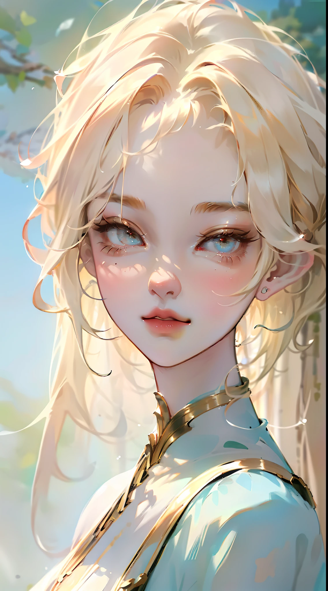 masterpiece, highest quality, ultra detail, illustration, beautiful detail, depth of field, dynamic angle, 8k wallpaper, portrait, best light and shadow quality, 4k, 8k, cg, fine detail, blurred background, upper body, contemporary, dress, blonde, long hair, beautiful eyes, beautiful splash