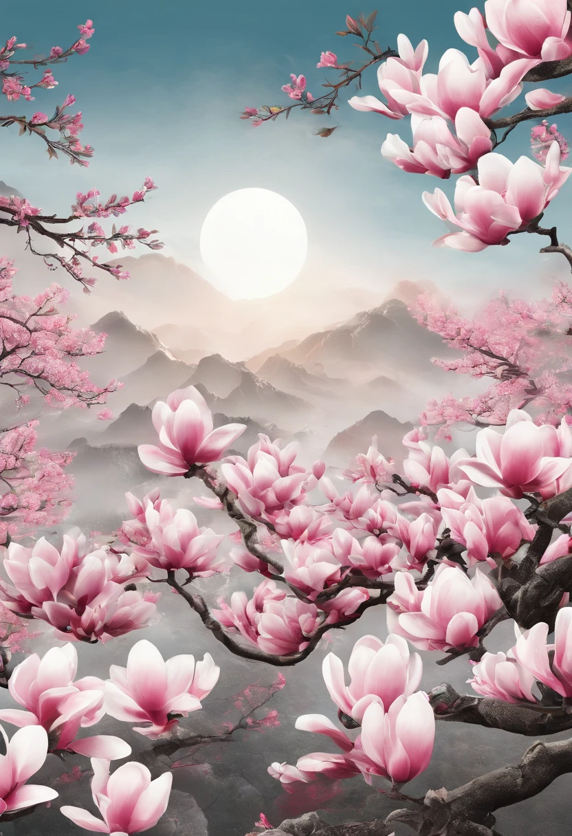 equinox，Traditional Chinese solar terms，(((Magnolia flowers)))，National style，Ink wind，solid color backdrop，has cleavage(((golondrinas)))Fly in the sky，Landscape view，Don't be characterized，Don't be characterized,Don't build