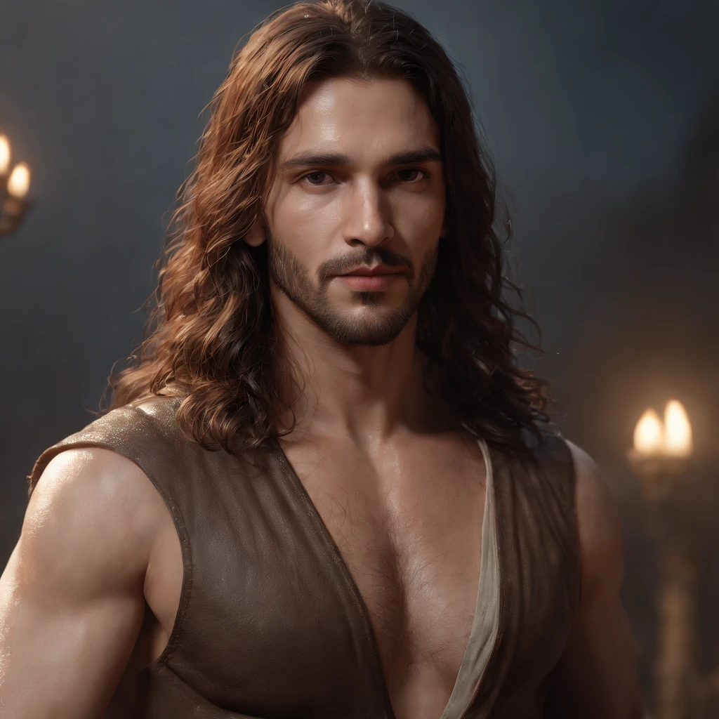 (Professional 3D rendering:1.3) de (Realistic:1.3) foto de arte mais bonita do mundo,soft features, brilliant male heroes, ((Epic hero rough fantasy muscular man wet hero angry look long hair short beard and fierce expression in dynamic pose, pele parda, fantastic location, majestoso ambiente desordenado)), corpo inteiro 8k unidade render, action shot, poros da pele, very dark lighting, sombreamento pesado, circunstanciado, rosto detalhado, (Vibrando, Fotografia realista, Realistic, Dramatic, Escuro, foco nítido, 8k), (Roupas de couro velhas danificadas pelo mau tempo:1.4), ((((Use peles)))), (intrincado:1.4), decadente, (altamente detalhado:1.4), Chained hands, venda nos olhos, Pintura digital, rendering by octane, art stations, conceito-arte, liso, foco nítido, illustration, germe da arte, (Loish:0.23), Wlop Ilya Kuvshinov, e greg rutkowski e alphonse mucha gracias, (global ilumination, studiolight, light volumetric), chuva forte, floating particles, patife, fantasia, Nosso, Corpo inteiroesbiano, ((Fundo escuro e antigo da cidade:1.3)),CGSesociedade,art stations