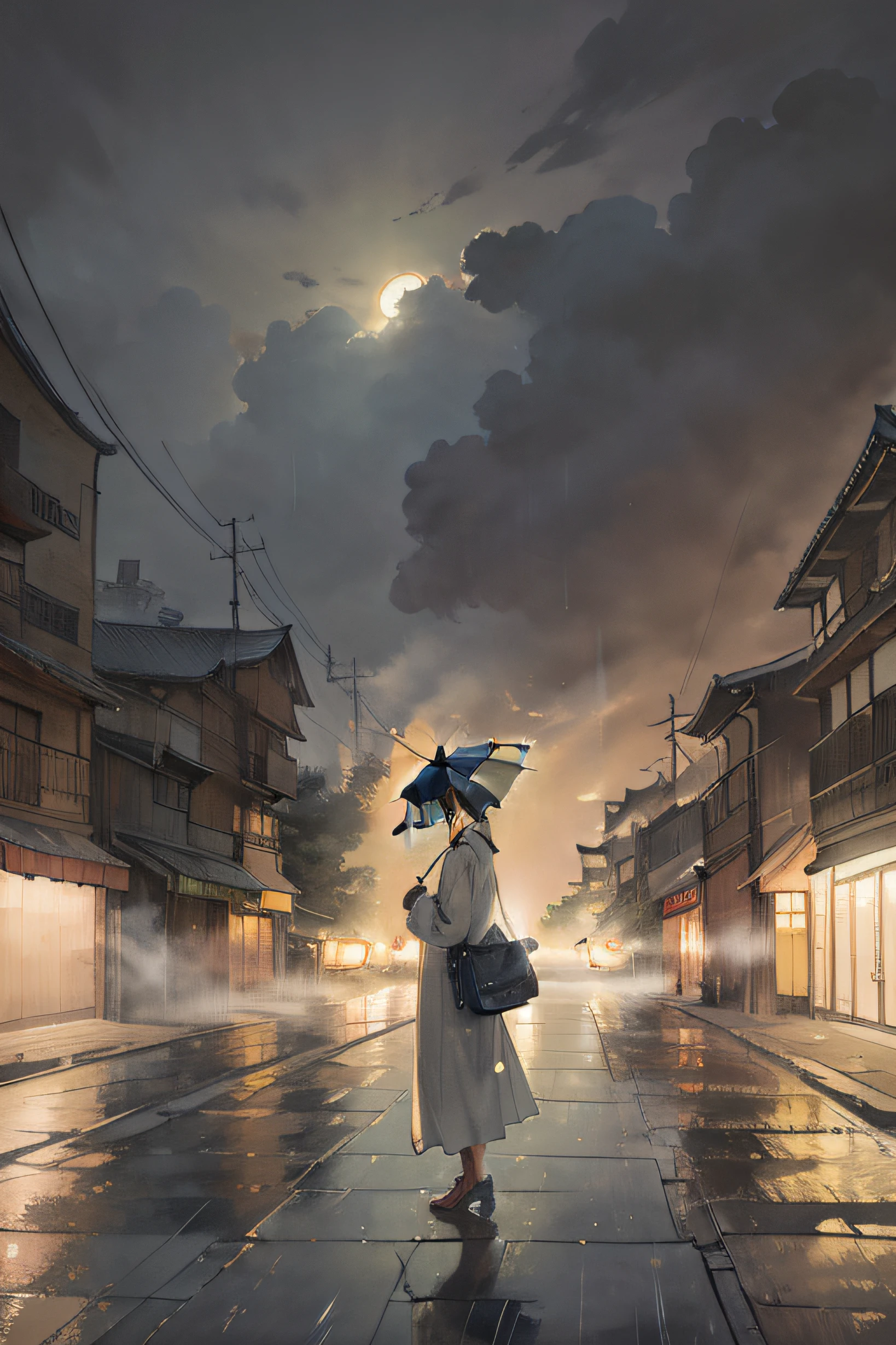 Twenty-four solar terms are clear、springtime、It rained heavily、Walk down the street with an umbrella、facing away from the audience、Thick with willows、Foggy scenery
