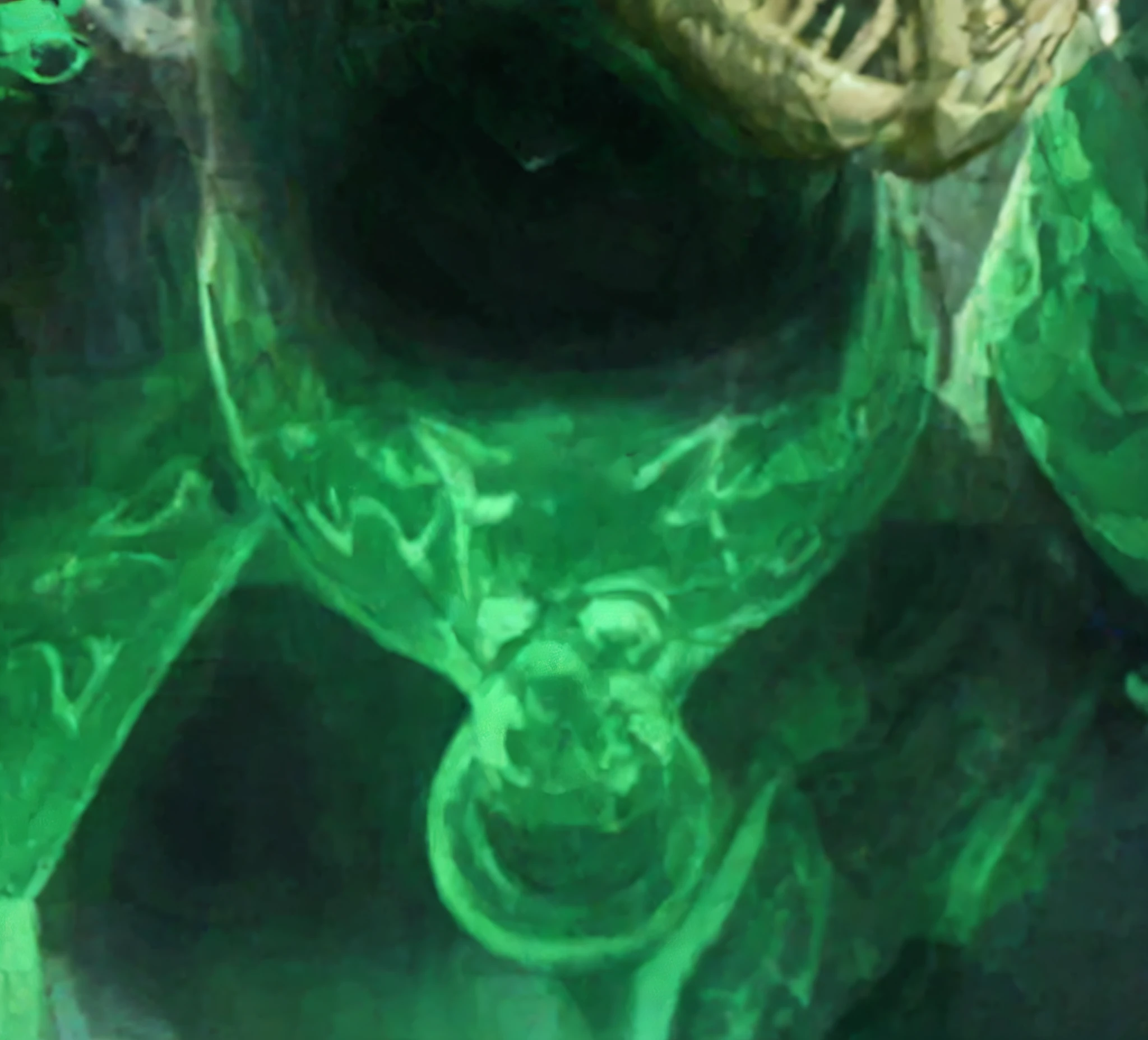 Close-up of a green skeleton with a big mouth, A devil's Portray, cthulu portrait, eldritch being, eldritch god, huge detail, haunted green swirling souls, portrait of the old necromancer, glowing green soul blade, green glowing runes, portrait of a zentaur