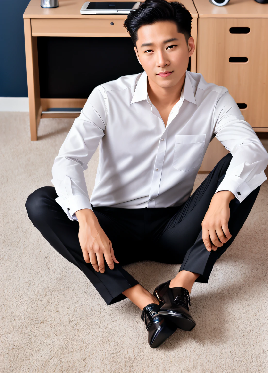 RAW Photos、Very handsome men (portlate:1.2)、(Detailed skin:1.2)、8k UHD、Digital SLR、Soft lighting、hightquality、Film Grain、FUJIFILM XT3、(((s Office)))、(((Man sitting on the floor)))