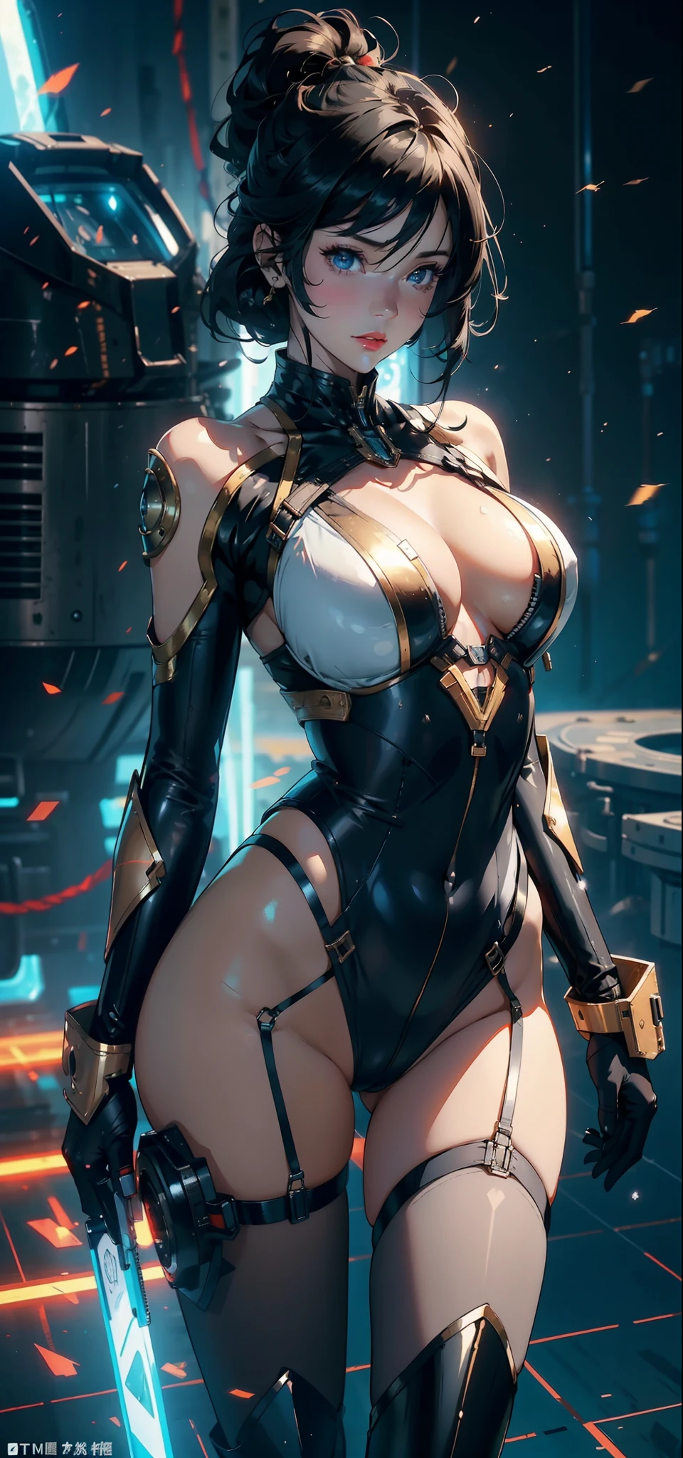 1female,35yo,plumw,extremely large bosom, 独奏,(Background with:Huge machinery,droid,aerodrome,Planes,Huge mechanical armor,) She has very short black hair,bobo head,Stand on the plane,,seen from the front, hair straight, mostly cloudy sky,(((tmasterpiece),(Very detailed CG unity 8K wallpaper),best qualtiy,cinmatic lighting,detailed back ground,beatiful detailed eyes,Bright pupils,Blue eyes,Snow-whiteskin,Redlip(Very fine and beautiful),(Beautiful and detailed eye description),ultra - detailed,tmasterpiece,))facing at camera,A high resolution,ultra - detailed),revealing breasts,Bare genitalia, Bulge,legs are open,Raised sexy,Camel toes,Flushed complexion,Desire for dissatisfaction,frontage,British Air Force,Aviator,Officer's cap(Wearing:blazer jacket,tailcoat,White color blouse,a black bowtie,Black pantyhose,Gold wire embroidery,Armour,Bare breasts)cyber punk style