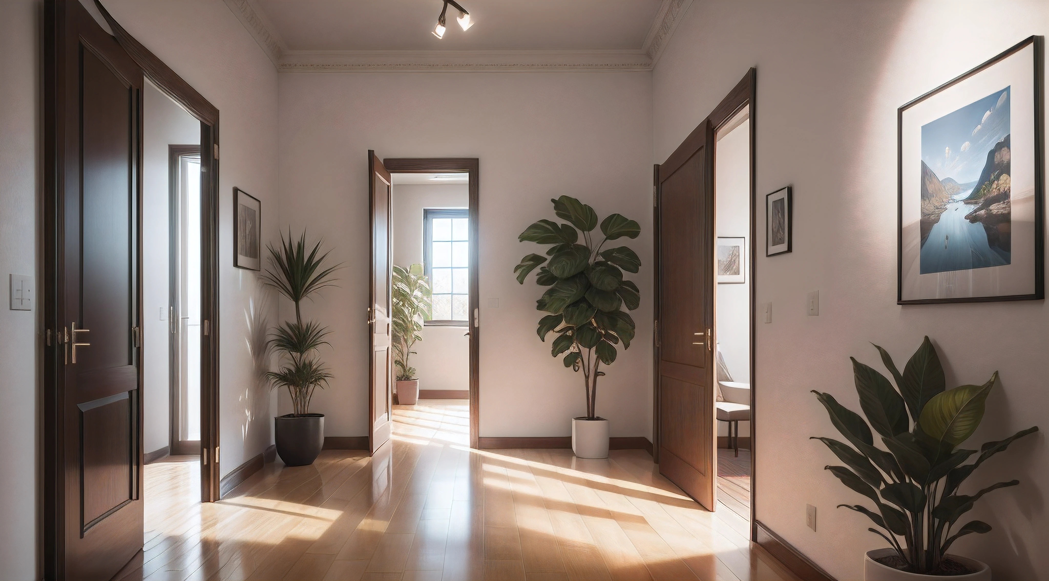 Highly detailed 4k realistic RAW digital photography of the highest quality, 3D, Photo exhibition gallery, com quadros fixos nas paredes, corredores com divesas molduras, piso de madeira espelhado, finissimo acabamento, vasos com plantas