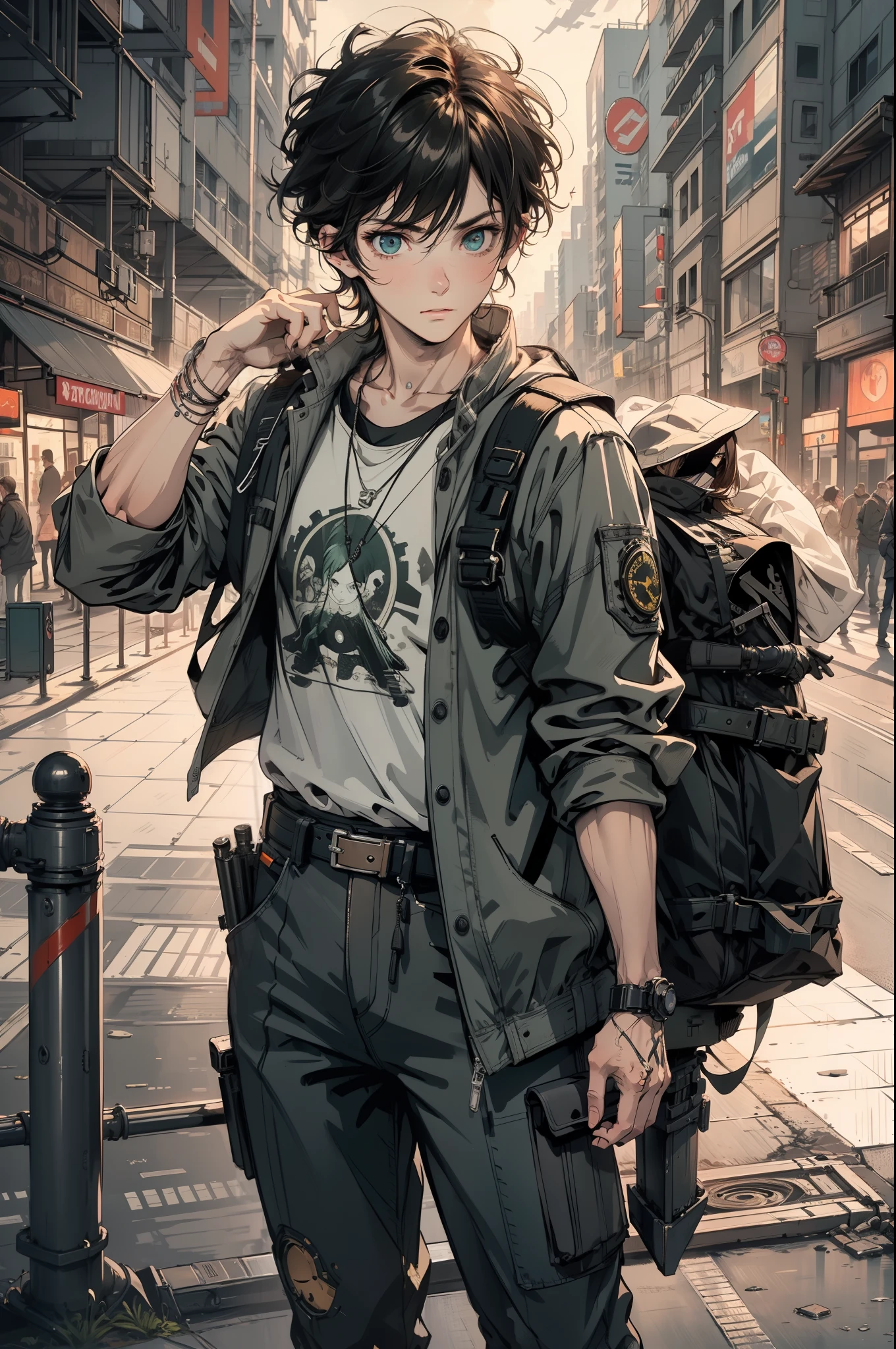 Ultra detail, high resolution, Ultra detailed, Best quality, Amazing, Top quality, Extremely detailed 8k CG wallpaper unit, Cinematic lighting, Cyberpunk, Dark, Brave young man,
Determined,
disheveled brown hair,
Expressive green eyes
elasticity,
inquisitive,
Lean,
worker,
Old clothes and torn clothes,
Old and temporary backpacks,
Evidence of the right arm of a cyborg,
technical detail,
Tracking and communication devices,
Resistance fighters
Look for freedom.