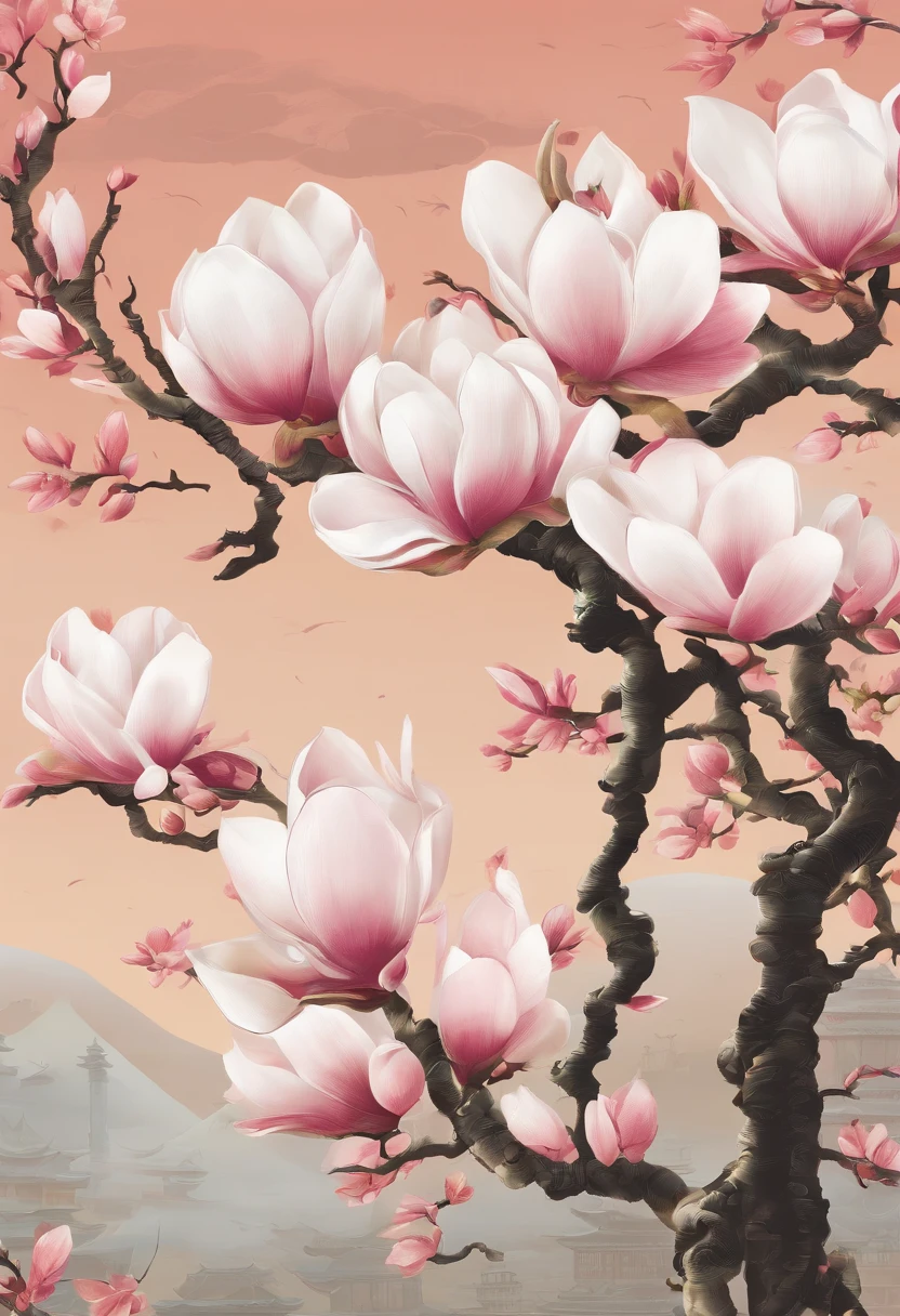 equinox,Traditional Chinese solar terms,(((Magnolia flowers))),National style,Ink wind,solid color backdrop,has cleavage((golondrinas))Fly in the sky,(((golondrinas))),Landscape view,Don't be characterized,Don't be characterized,Don't build