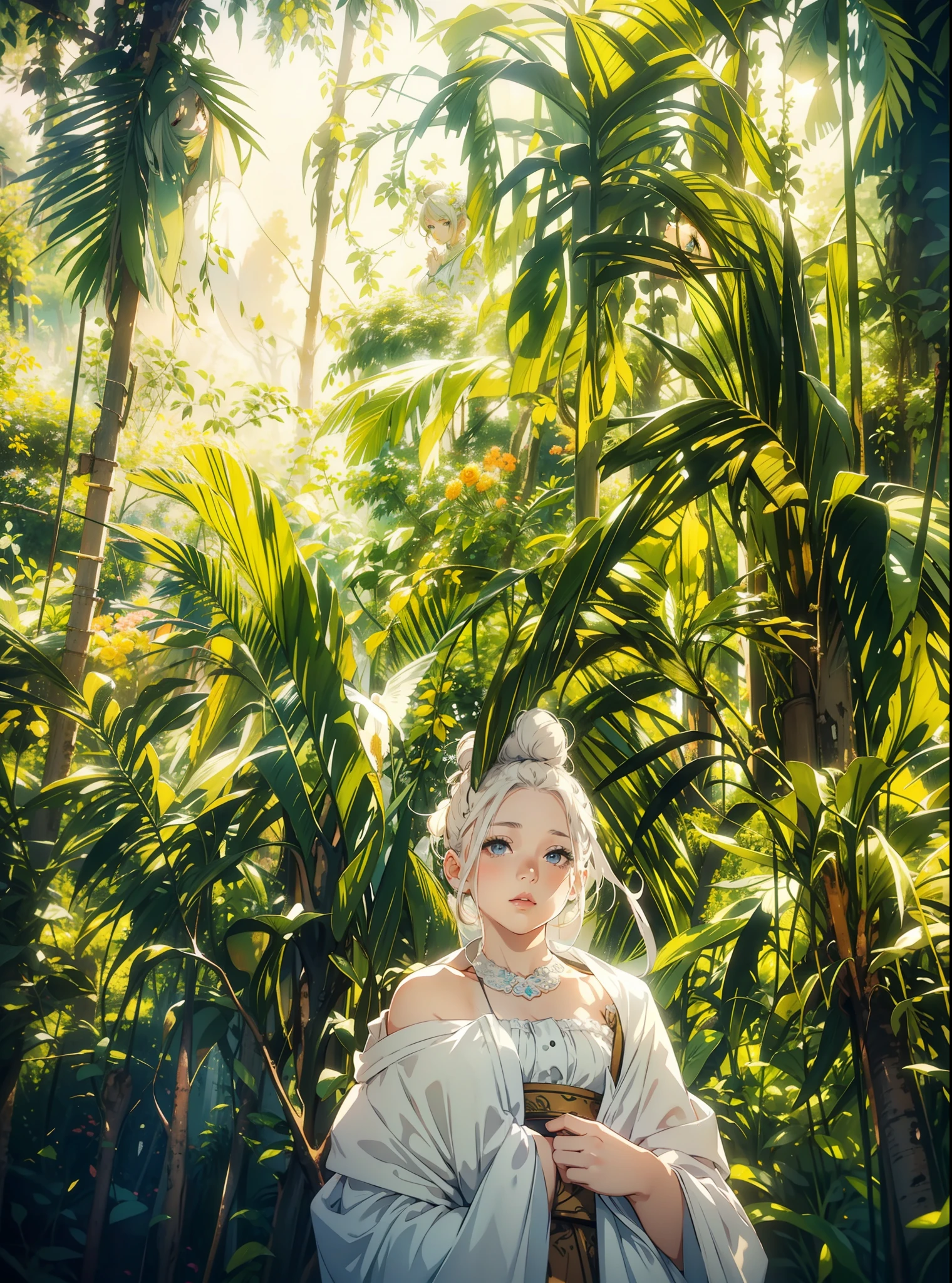 A girl,bun hairstyle,Light-colored hair, Peaceful and ethereal atmosphere,Stand amidst vibrant gardens,Facing the camera beautiful girl with intricate updo hairstyle, Light-colored hair, Beautiful detailed eyes, beautiful detailed lips, Long eyelashes, Detailed face, fashionable attire