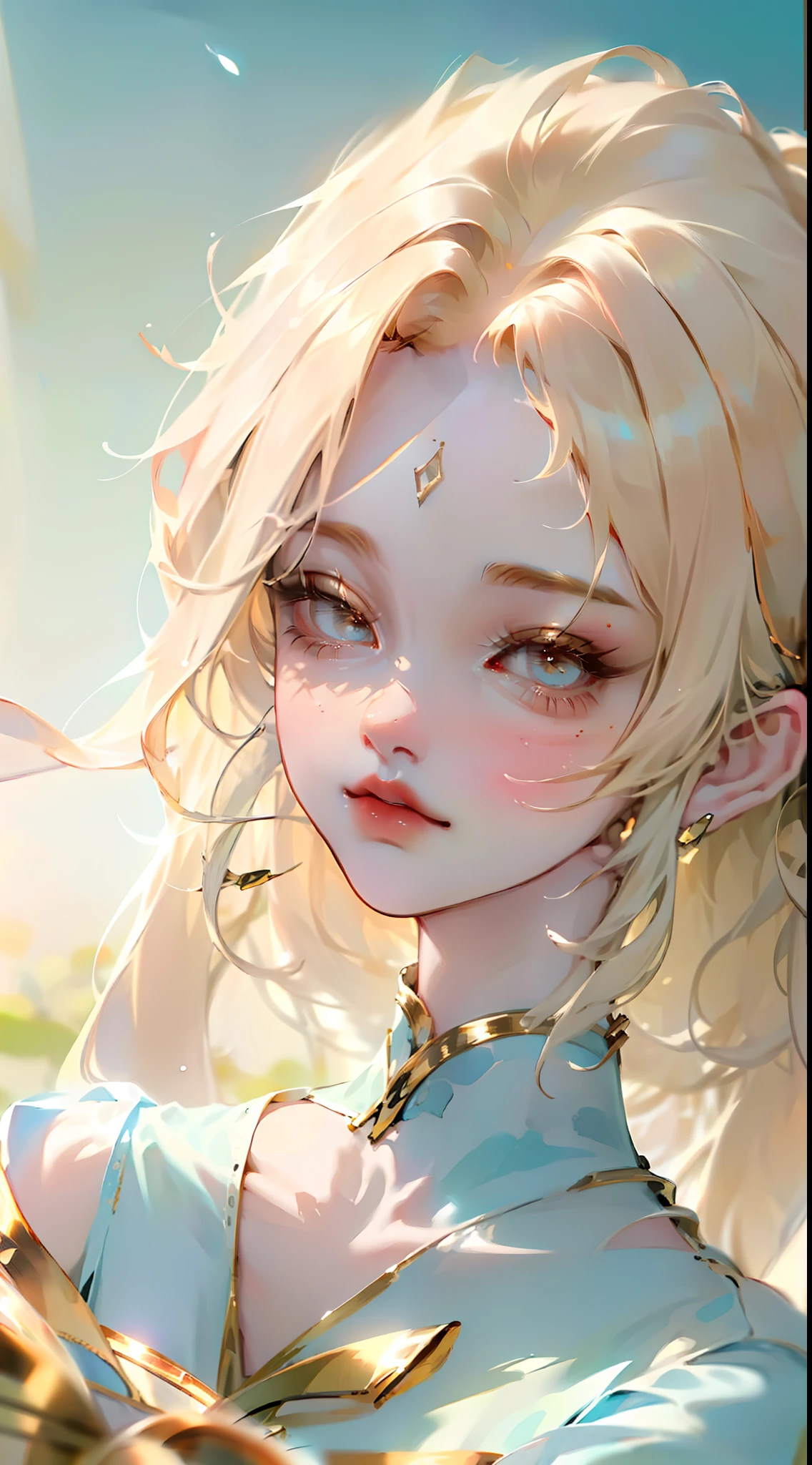 masterpiece, highest quality, ultra detail, illustration, beautiful detail, depth of field, dynamic angle, 8k wallpaper, portrait, best light and shadow quality, 4k, 8k, cg, fine detail, blurred background, upper body, contemporary, dress, blonde, long hair, beautiful eyes, beautiful splash