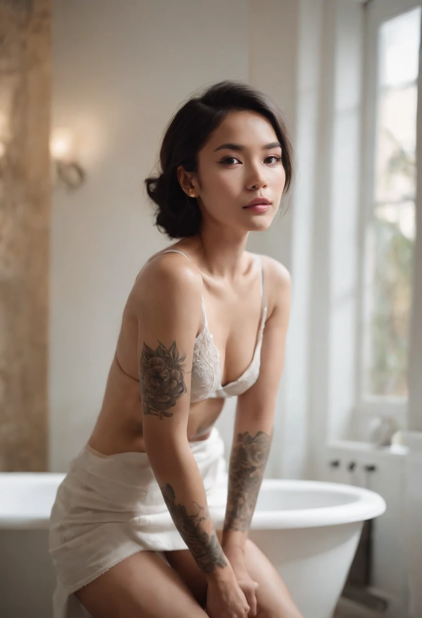 Chic young Indonesian France woman with tattoos in the minimalist bathroom, in the style of cinematic soft natural light, expressive eyes, sharp/prickly, fauvist-inspired portraits, low light white and amber, cinematic lights and shadow play, Full view of buttocks and beautiful legs、view tits, droolng、squeezing breasts with hands