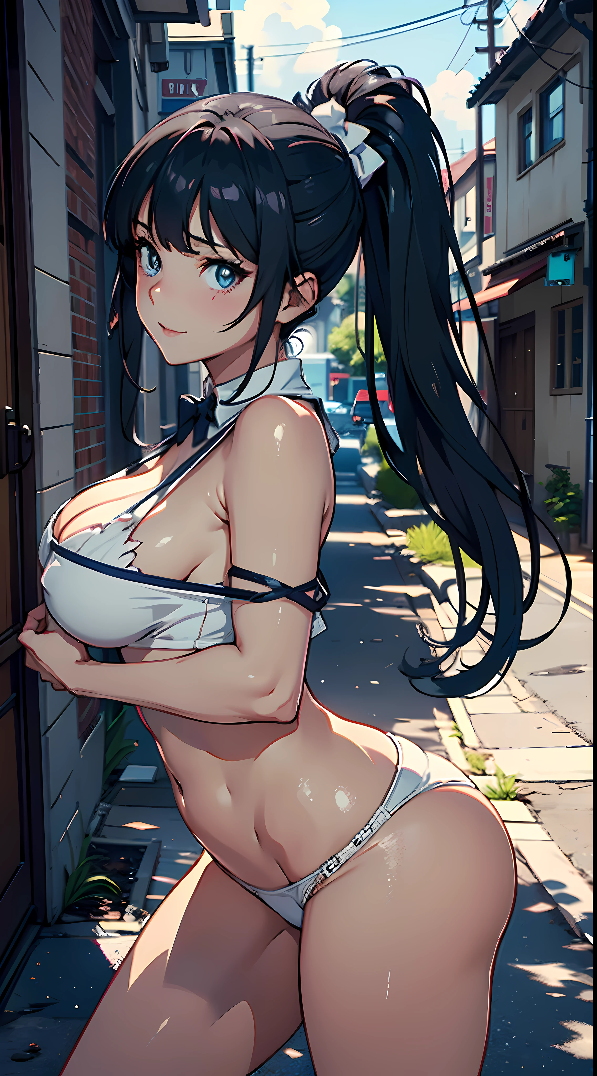 NSFW, (masterpiece), best quality, expressive eyes, perfect face, 1female, face feature is like hestia from Is It Wrong to Try to Pick Up Girls in a Dungeon anime series , front facing camera, 25 years old,perfect breasts, body facing front, Pornographic exposure,(Background with:adveturers' village street) hair is black with pigtails exactly like Hestia from Is It Wrong to Try to Pick Up Girls in a Dungeon anime series,Big chest, image taken From the front side,Petting the ,mostly cloudy sky,(tmasterpiece),(Very detailed CG unity 8K wallpaper),best quality,cinematic lighting,detailed background,beautiful detailed eyes,Bright pupils,(Very fine and beautiful),(Beautiful and detailed eye description),ultra - detailed,facing at camera,A high resolution,ultra - detailed),Sex slaves,standing on your feet,Smiling,Flushed complexion,is shy, Chest sagging,Camel toes,extremely large bosom,Extremely colorful,Most detailed,reveal genitals, no underpants, tits shown head to thighs photo,The face is well lit,
