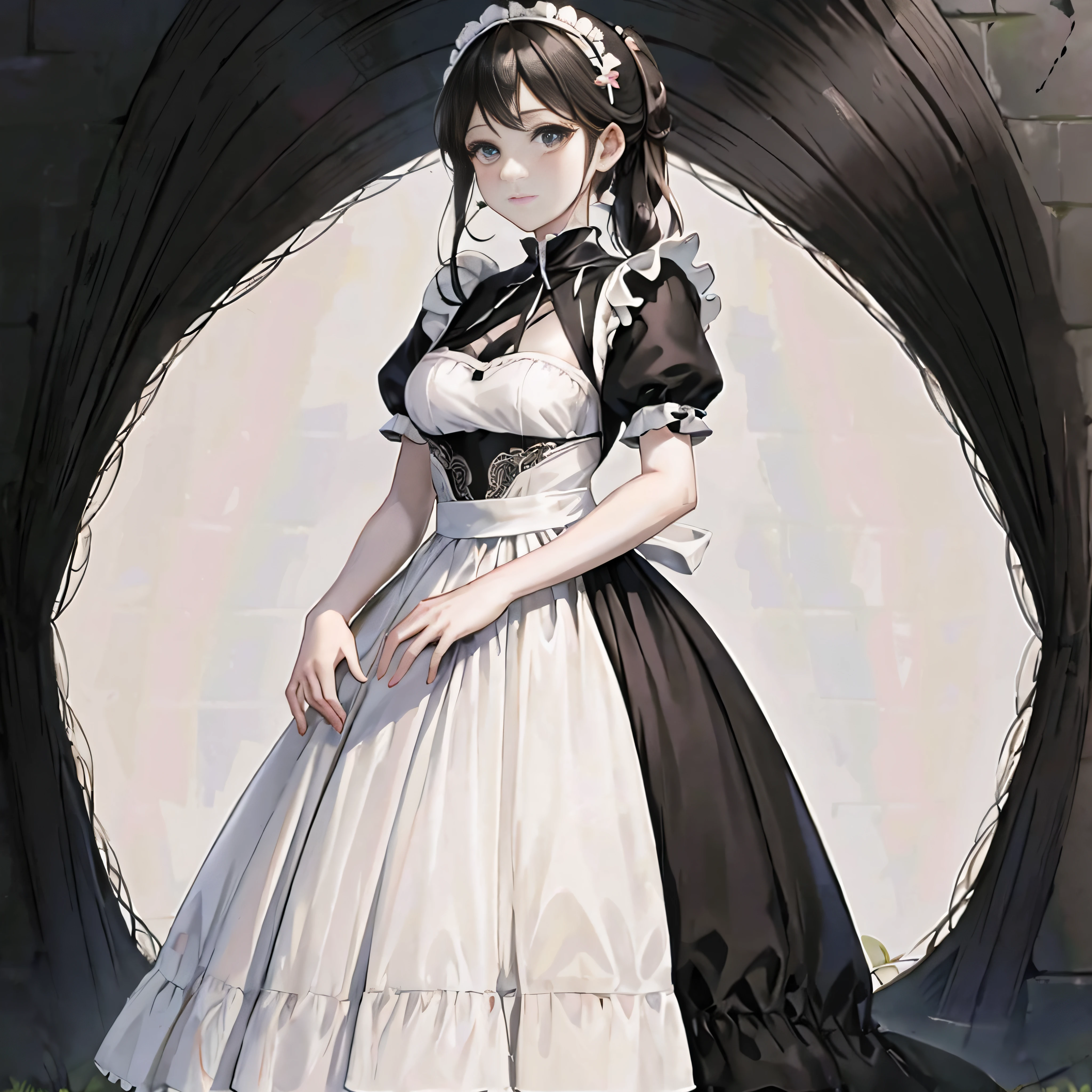 There was a woman in a dress standing in front of the tunnel, anime girl in a maid costume, Maid dress, gorgeous maid, Maid outfit, a maid in a magical forest, loli in dress, maid, cute anime waifu in a nice dress, anime cat girl in a maid costume, cosplay of a catboy! maid! dress