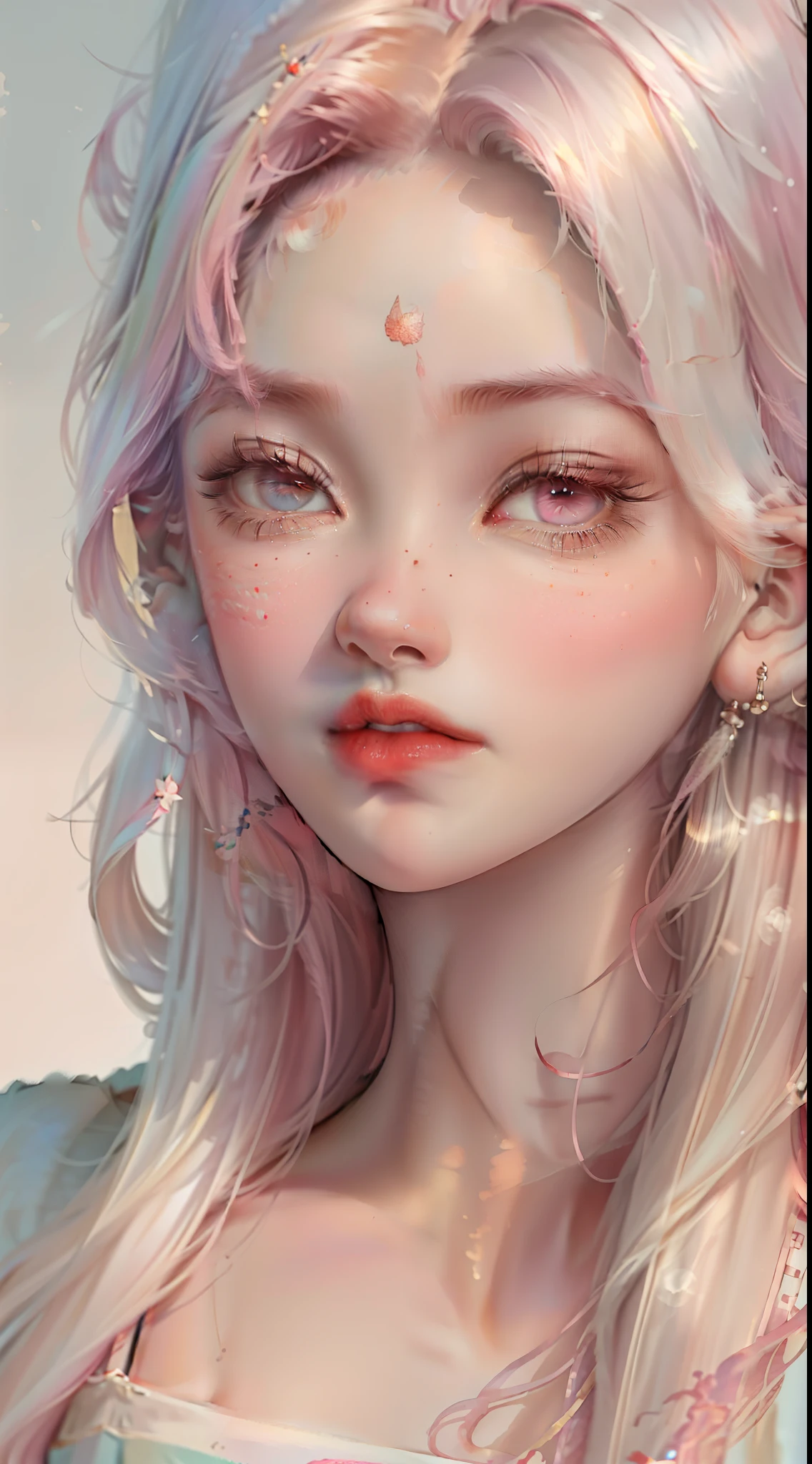 (masterpiece),(best quality:1.1),(ultra-detailed),best illustration,finely detail,(portrait:1.1),(intense close-up),watercolor drawing)floating,1girl,solo,,slim,(extremely delicate and beautiful face),(detailed beautiful eyes),pink thick lips,(disheveled hair),(wearing a pink baggy T-shirt),soft and lazy,(simple background:1.2)whole colored background,clear,4K