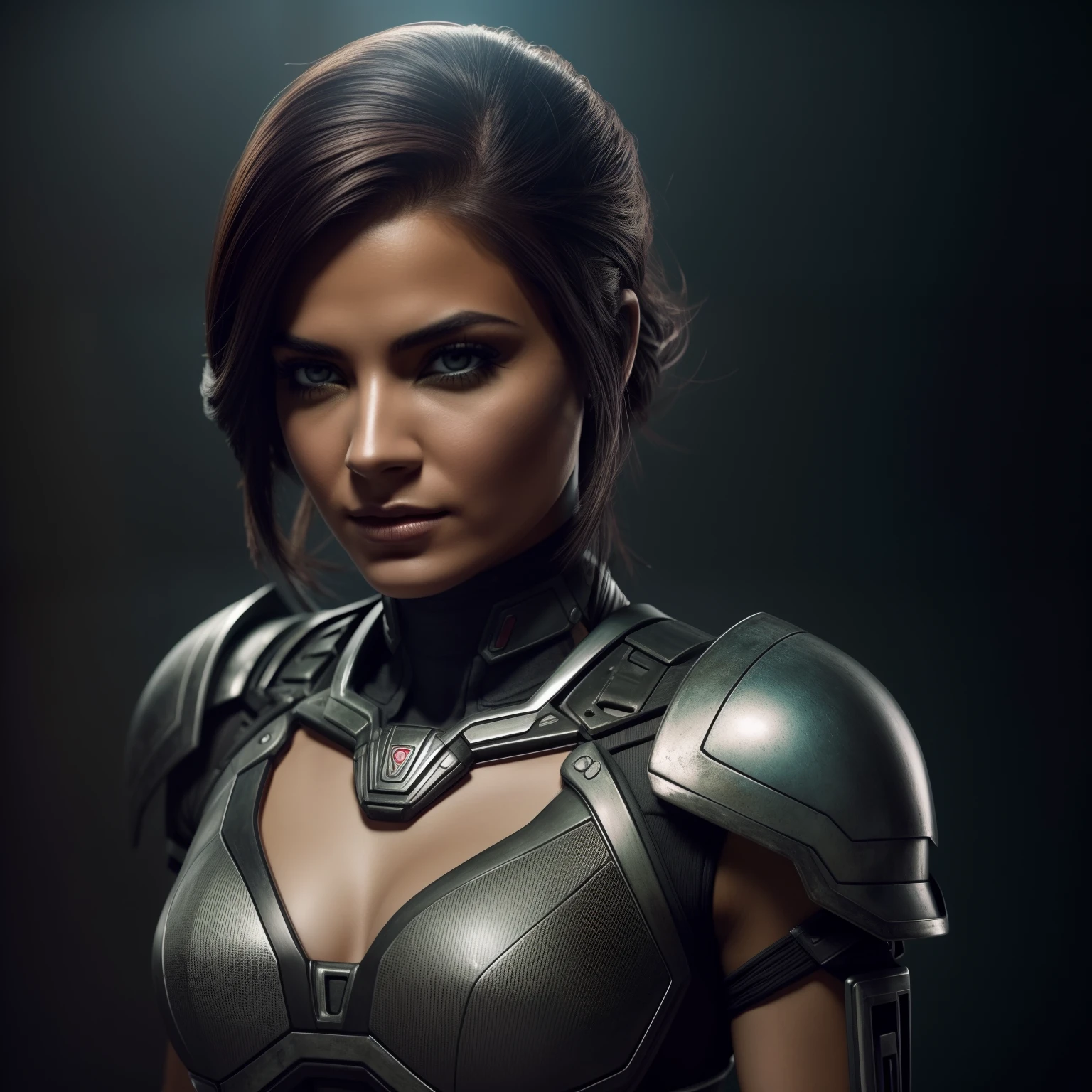 Beautiful cyborg warrior woman in rusty magic style, aumento cyberpunk, Cyber Software, ciborgue, fibras de carbono, cromar, Implantes, metal skull, Cyber Plate Armadura, (atmosfera escura:1.2), (nevoeiro & smoke billowing), (It's dark night:1.3), As cicatrizes, (medium length shaggy dark hair:1.1), (sombras para os olhos:1.1), (brilho lindamente detalhado:1.2), (Cinematic lighting), detalhes intrincados, A high resolution, olhos arredondados, detailed facial features, foco nítido, liso, aesthetic, Fundo escuro detalhado da planta industrial, pose estilosa, dynamicposes, (dramapaint)