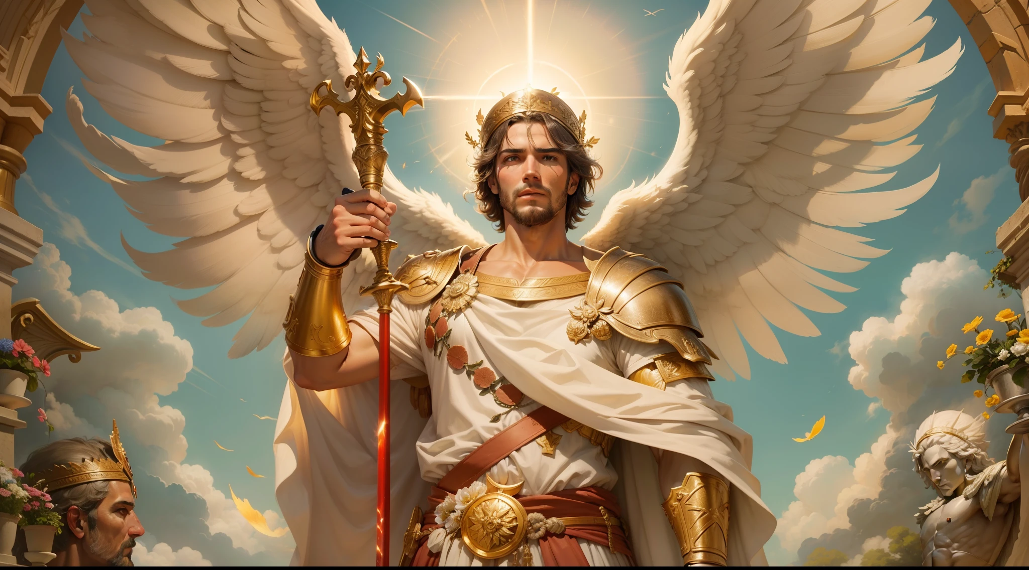 Closeup of an image a man angel with a large and long sword with attack position in right hand, in the other left hand holding a scale, Angel dressed as a Roman soldier looking at the ground, arcanjo homem com asas grandes, o anjo da fortuna, perfeito, Realistic, Biblical setting, Biblical Paradise Setting, sol e nuvens ultras realistas, flores e velas, illuminated archangel of heaven, flores coloridas, velas acesas, roupas brancas e vermelhas