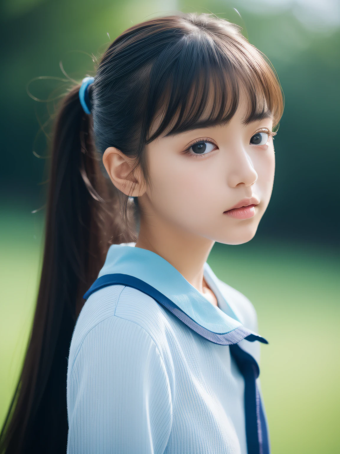 (top-quality、8K、32K、tmasterpiece、NFFSW:1.2)、Neat and clean schoolgirl、petite person、13 year old girl、Ponytail with black hair、blue collared shirt、Black checked miniskirt、white  panties、beauitful face、(Slim, small, flat, small)、delicate sexy collarbone、Detailed eyes、Cyan eyes、Double eyelids、outside of house、ventania、shiny skins、blurred back、