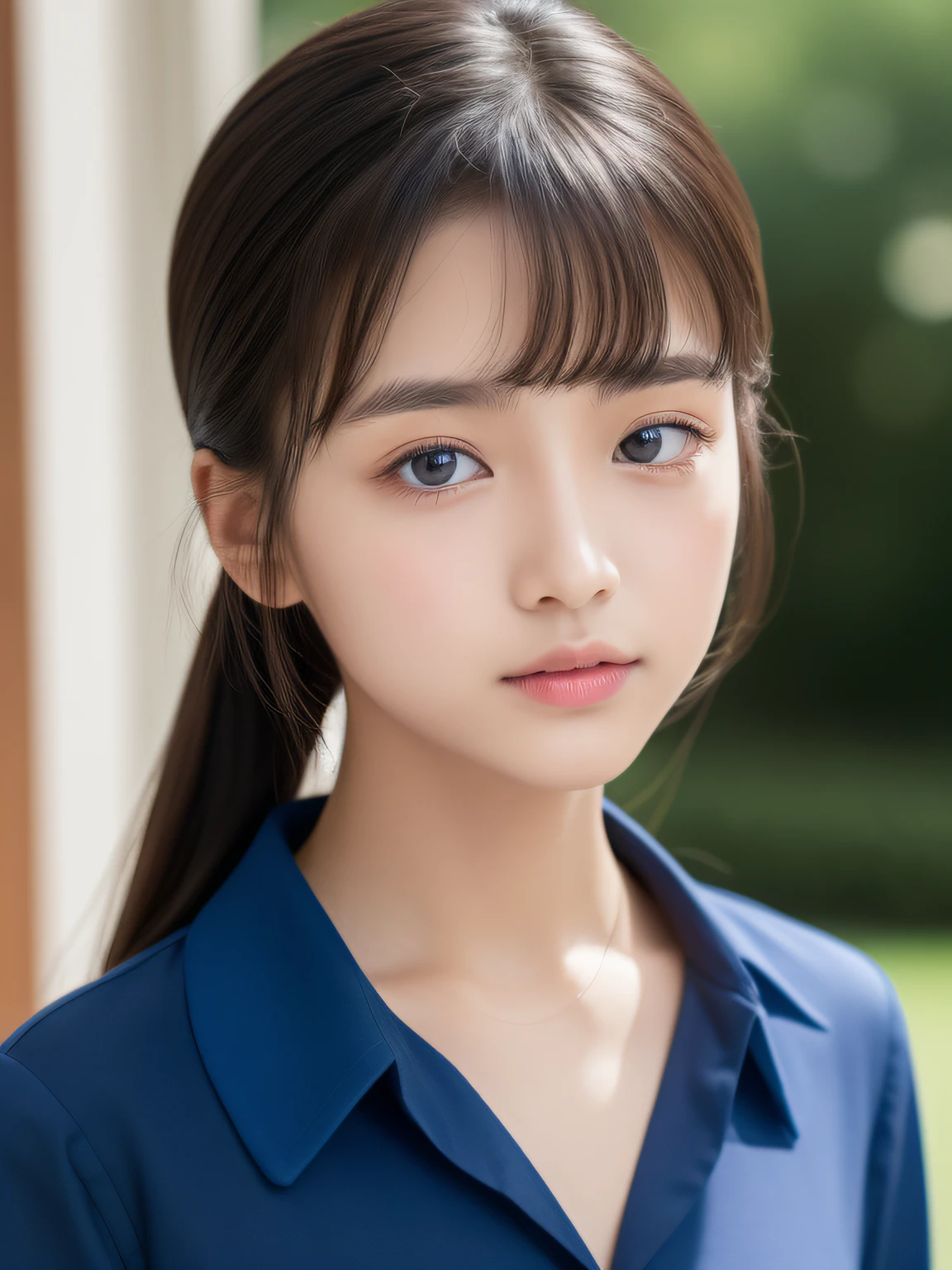 (top-quality、8K、32K、tmasterpiece、NFFSW:1.2)、Neat and clean girl、petiterson、13 year oytail with black hair、blue collared shirt、Black checked miniskirt、white panties、beauitful face、(Slim, small, flat, small)、delicate sexy collarbone、Detailed eyes、Cyan eyes、Double eyelids、outside of house、ventania、shiny skins、blurred back、