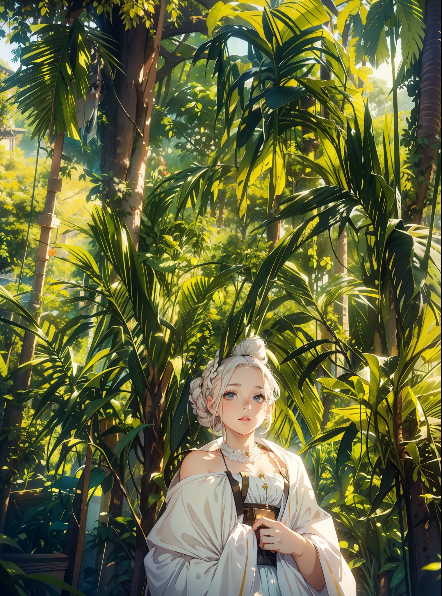 A girl,bun hairstyle,Light-colored hair, Peaceful and ethereal atmosphere,Stand amidst vibrant gardens，Facing the camera beautiful girl with intricate updo hairstyle, Light-colored hair, Beautiful detailed eyes, beautiful detailed lips, Long eyelashes, Detailed face, fashionable attire